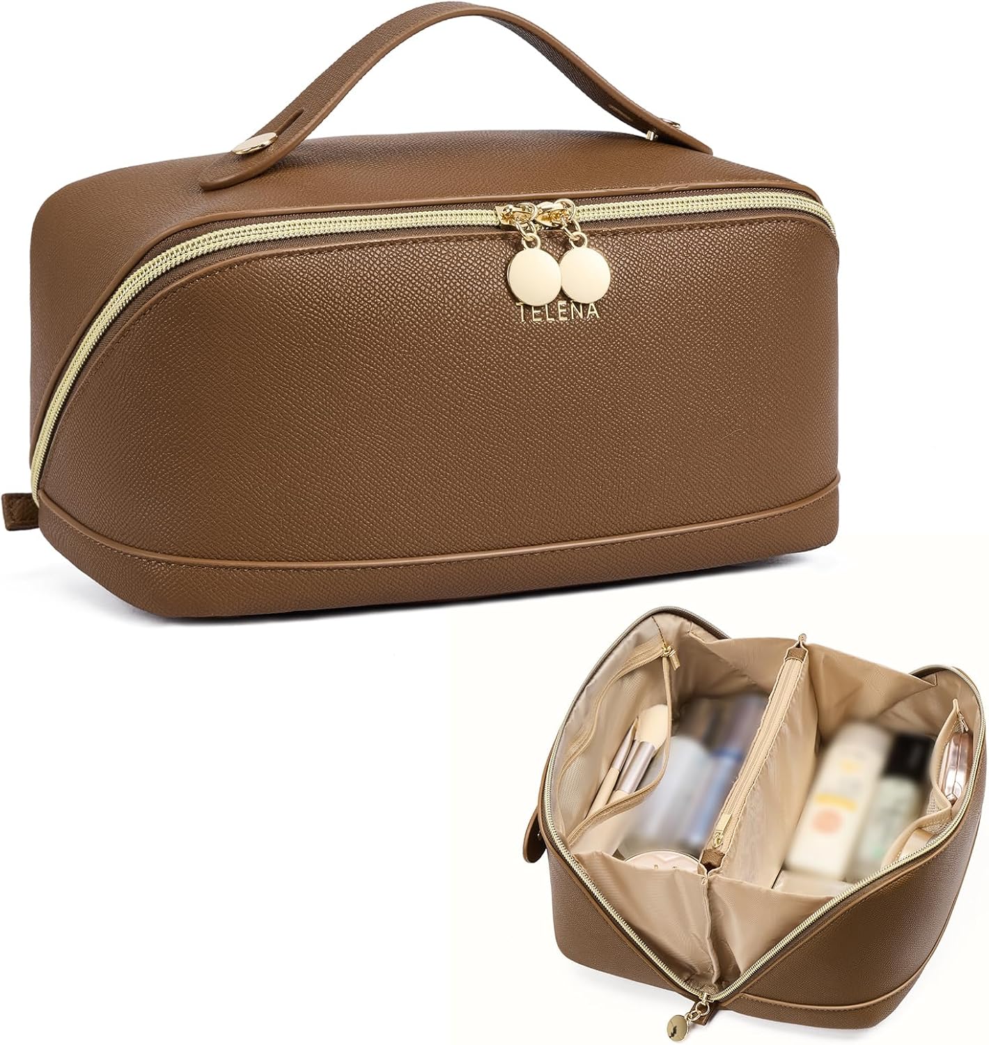 Telena Makeup Bag Large Capacity Travel Cosmetic Bag Portable PU Leather Water Resistant Makeup Organizer Bags for Women with Handle and Divider Open Flat Brown