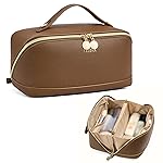 Telena Leather Make Up Bag Portable Travel Makeup Bag Waterproof Cosmetic Bags for Women Large Capacity With Handle and Divider Open Flat