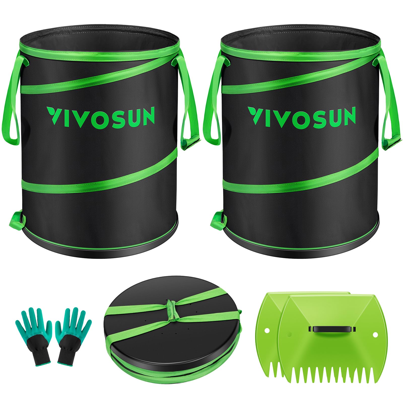 VIVOSUN 30-Gallon Collapsible Garden Waste Bag, Reusable Pop-Up Yard Waste Leaf Bag with Hard-Shell Bottom, Leaf Scoops and Gloves, Collapsible Trash Can for Lawn Care and Camping, 2-Pack