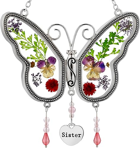 Miniatura 7 de KUNDGLA - Atrapasoles con diseño de mariposa para hermana, vitral, con alas de flores prensadas incrustadas en vidrio con ribete de metal, dije de