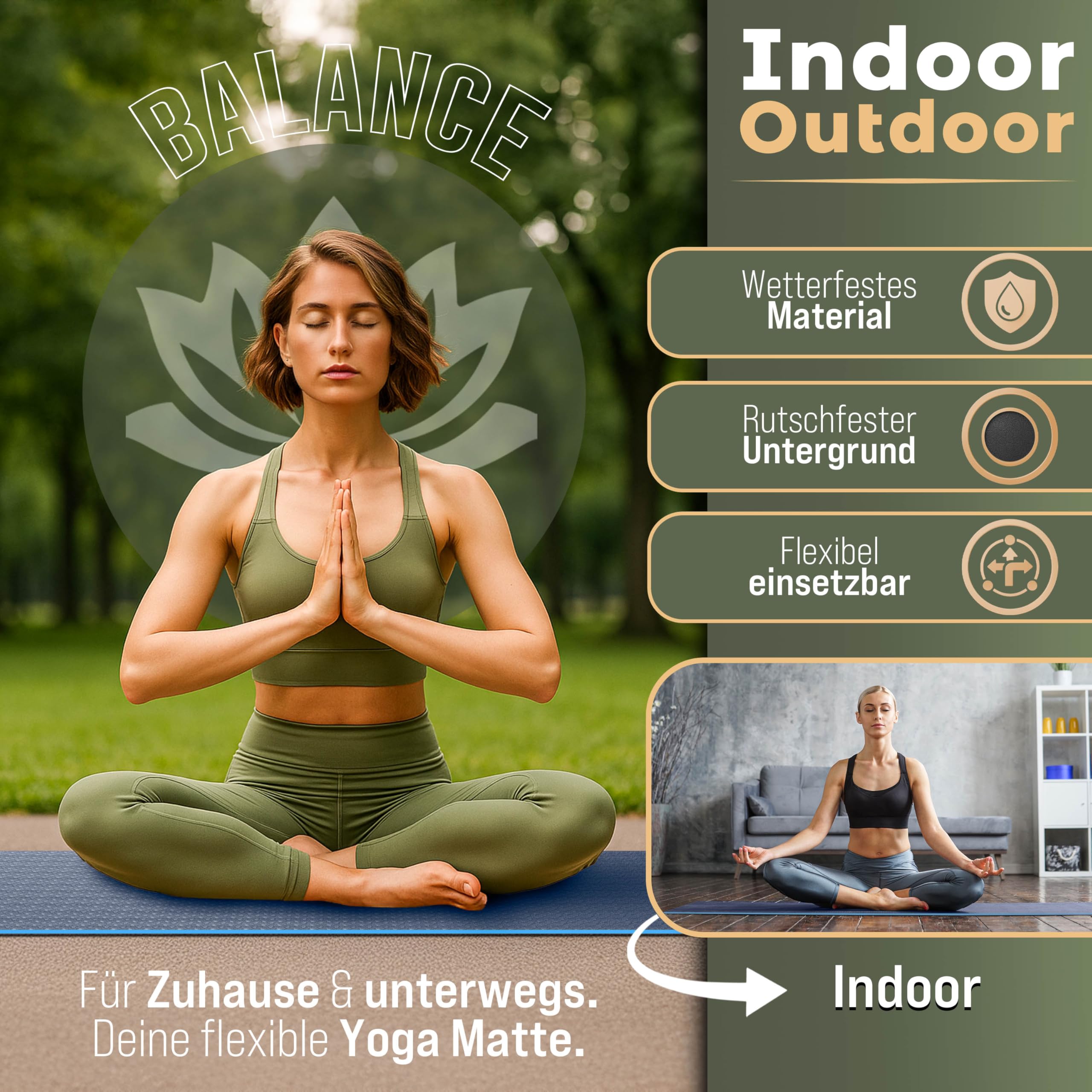 RE:SPORT Yogamatte Phthalatfrei | Gymnastikmatte rutschfest | Fitnessmatte schadstofffrei | Trainingsmatte mit Tragegurt Phthalatfrei 183 x 61 x 0,6 cm