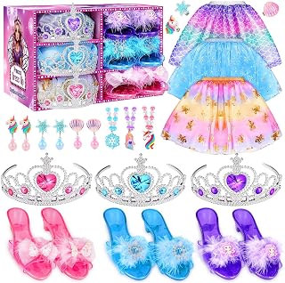 Dreamon Princess Dress Up Shoes 3 Set Princess Costume for Girls Pretend Toys Various Jewelry Accessories for 3 4 5 6 Aged Girls Kids Christmas Birthday Gifts