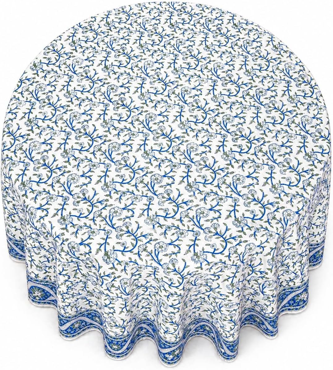 Hand Block Print Floral Tablecloth Round Cotton Table Linen Beach Sheet Beach Throw (Blue, Round 72 Inches)