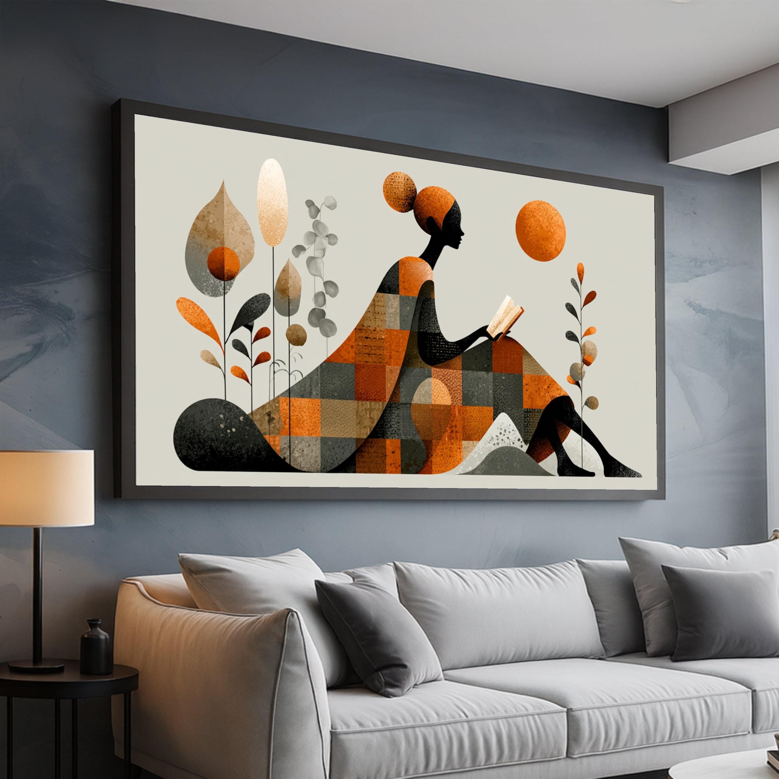 CAOXTART Abstract Woman Reading Painting, Boho Wall Art, Geometric Figure Art Pictures, Orange and Gray Home Decor Canvas Print(35x60cm/Frameless)