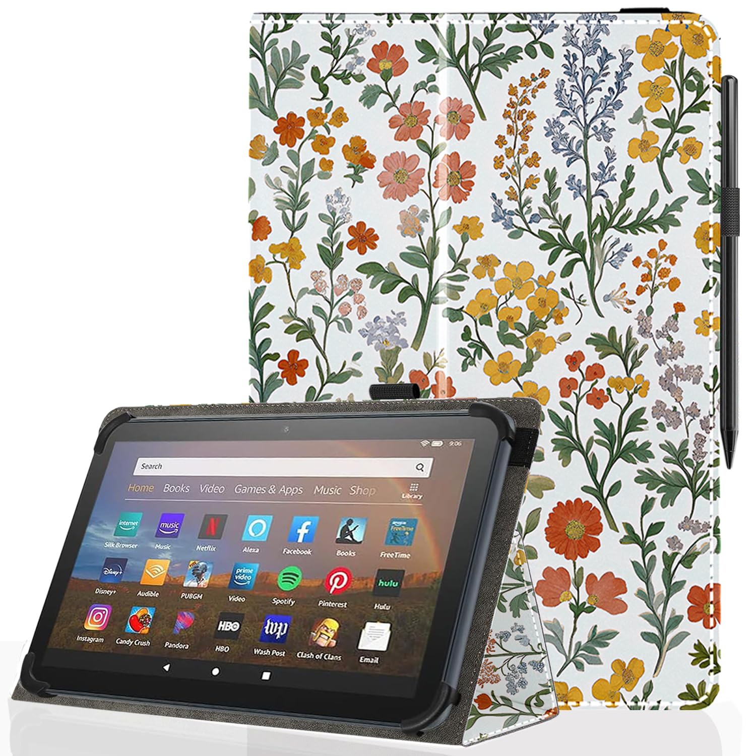 Pudiceva Universal 10 10.1 Inch Android Tablet Case,Slim Folding Stand Cover for All 9"-10.5" Touchscreen Tablet Case with Stylus Pen Holder,Flower 13