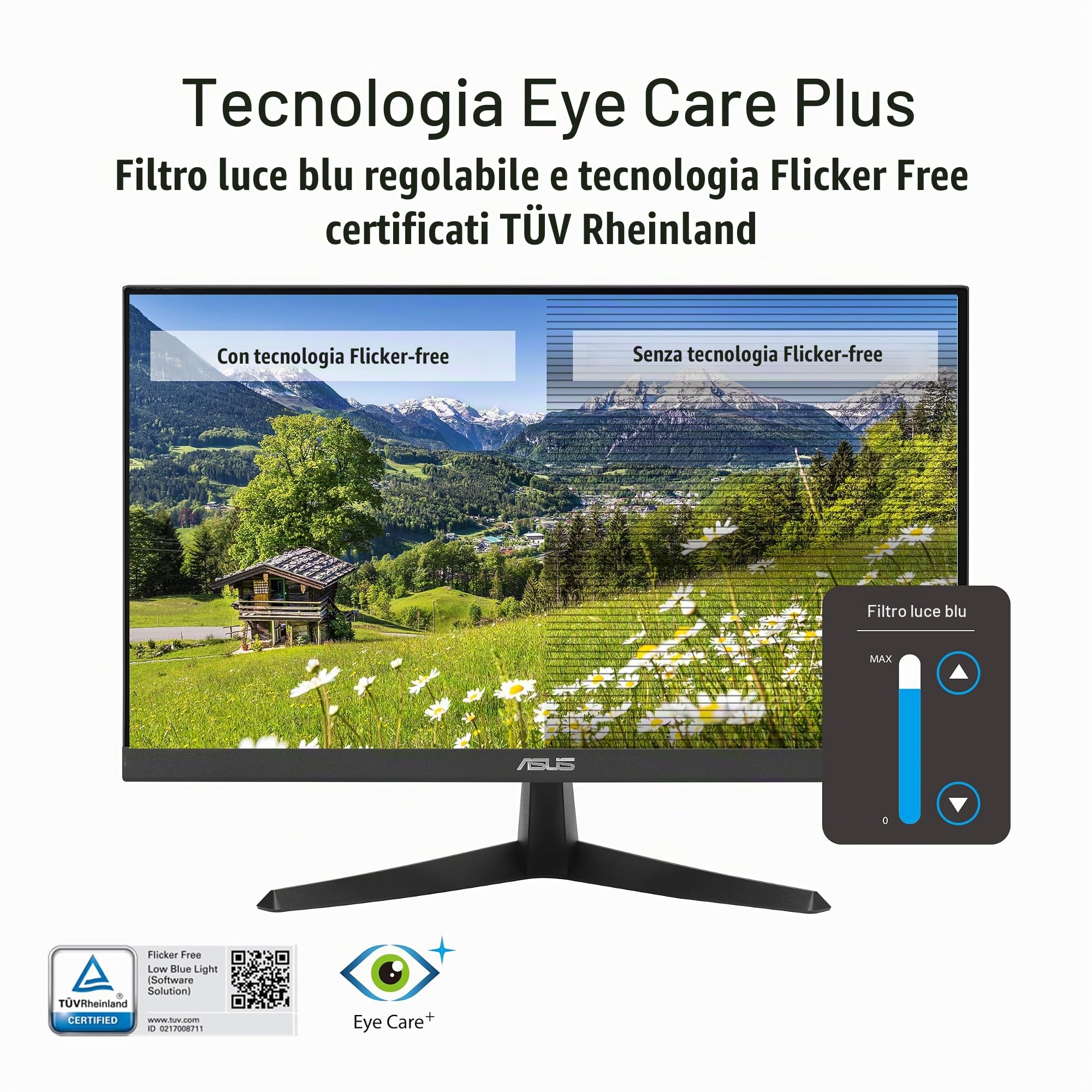 ASUS VY229HF, Monitor Eye Care da 21,45” FHD IPS (1920 x 1080), Nero | 100Hz, IPS, SmoothMotion, 1ms (MPRT), Adaptive Sync, Tecnologia Eye Care Plus, Filtro Luce Blu, Anti-sfarfallio