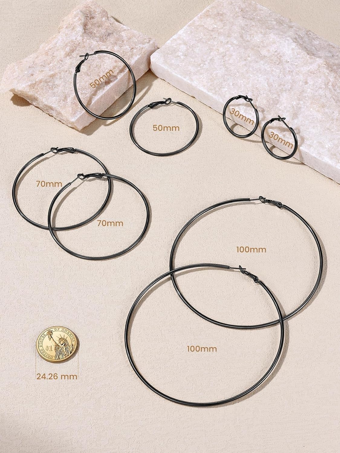KeyStyle Gold Hoop Earrings for Women, Stainless Steel Hoops Earring Lightweight Loops, 2 mm Thick Hypoallergenic Circle Endless Thin Hoop (30 mm,50 mm,70 mm,100 mm) - Image 8