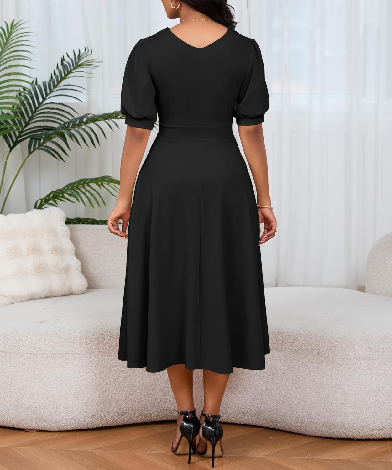 INR Elegant Dress for Women Puff Short Sleeves Long Dresses Cinched Waist A-Line Outfits - Image 4