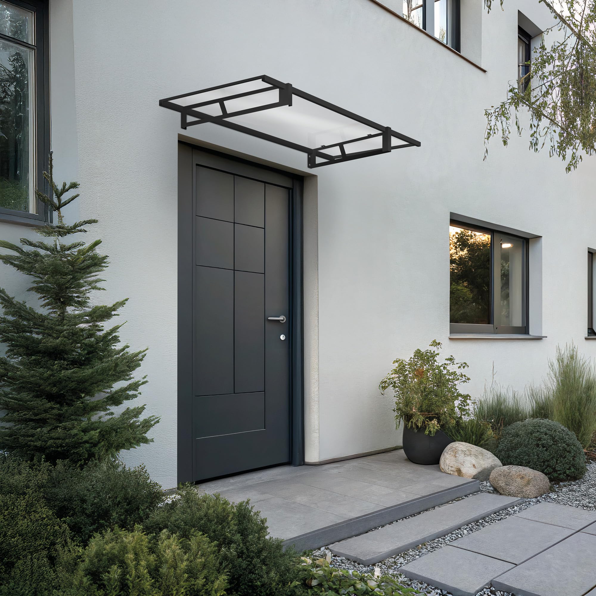 Wasabi - Marquesina Puerta Exterior 120x80 cm Axis – Policarbonato Sólido 2,7mm – Soportes de Hierro Negro – Fácil Montaje – Tejadillo Protección Lluvia Ventana – Cubierta Resistente Jardín Terraza