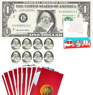 Santa Dollar Bill Seals, 8 Pack, Currency Holders and North Pole Envelopes, 1.0 USD Version