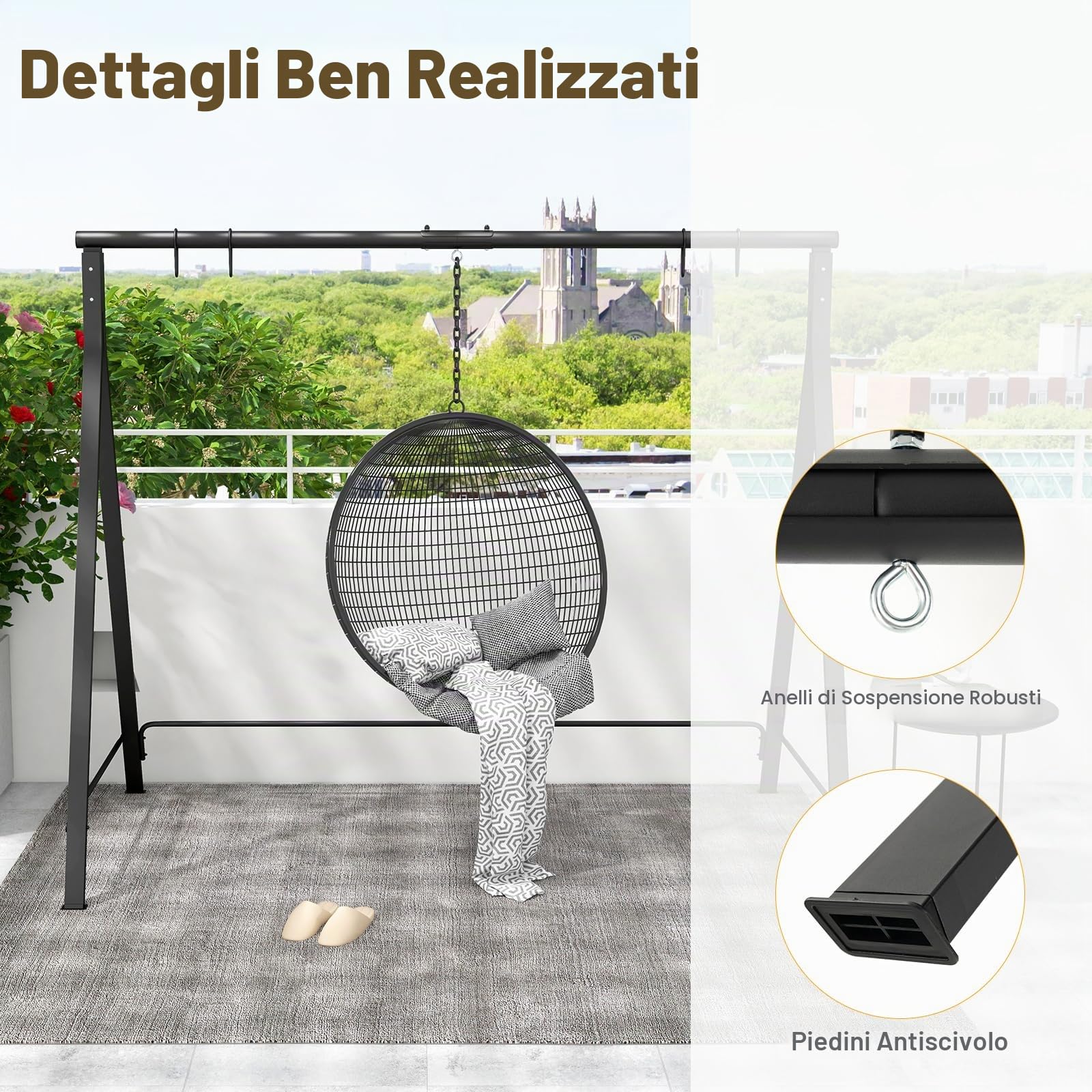 KOMFOTTEU Struttura per altalena, struttura per altalena Hollywood, altalena da giardino, telaio in metallo a forma di A, supporto per altalena con 5 anelli di sospensione, 210 x 115 x 175 cm