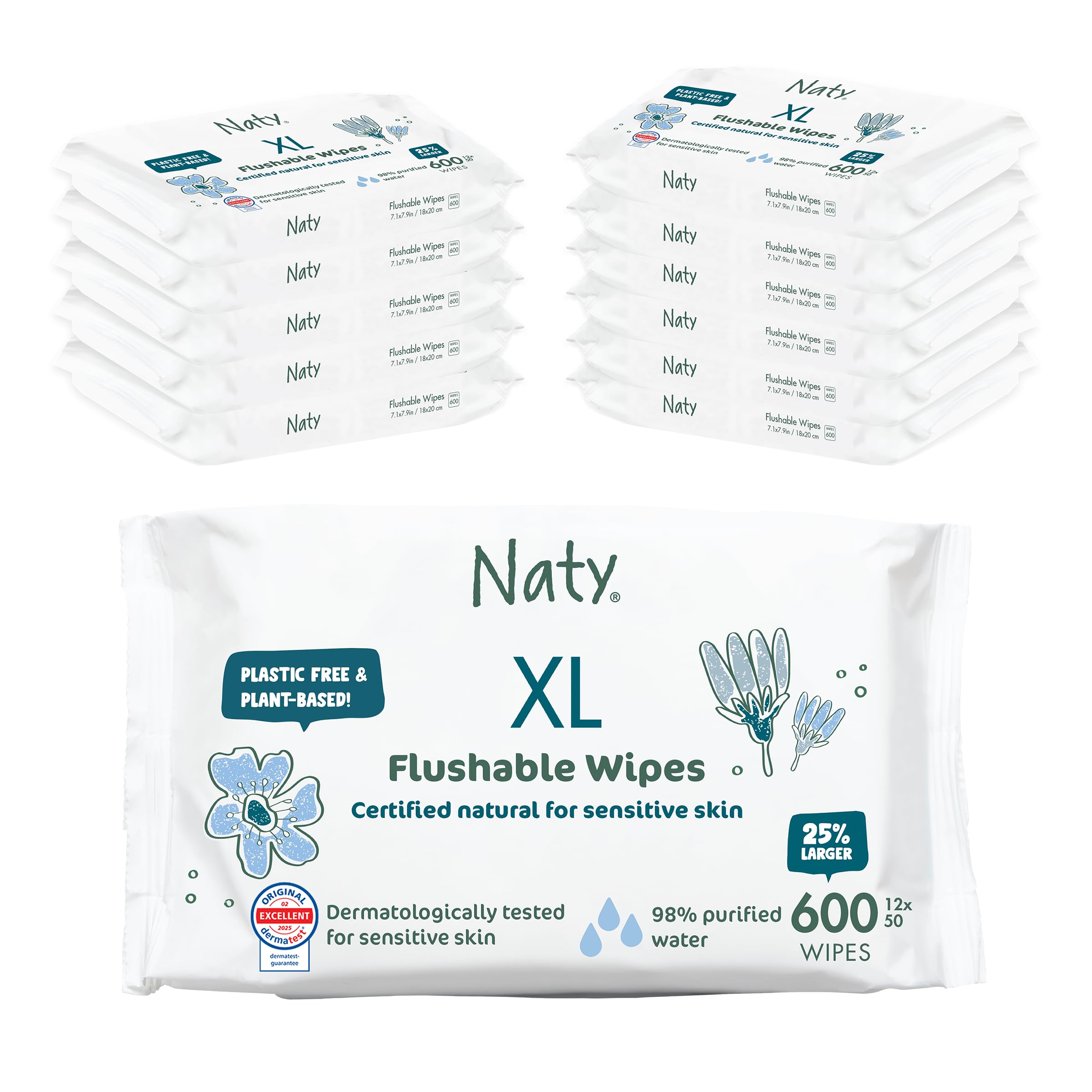 Naty Flushable XL Baby Wipes - Unscented, 100% Plant-Based, Plastic-Free, Fragrance-Free, Hypoallergenic for sensitive skin and Dermatologically