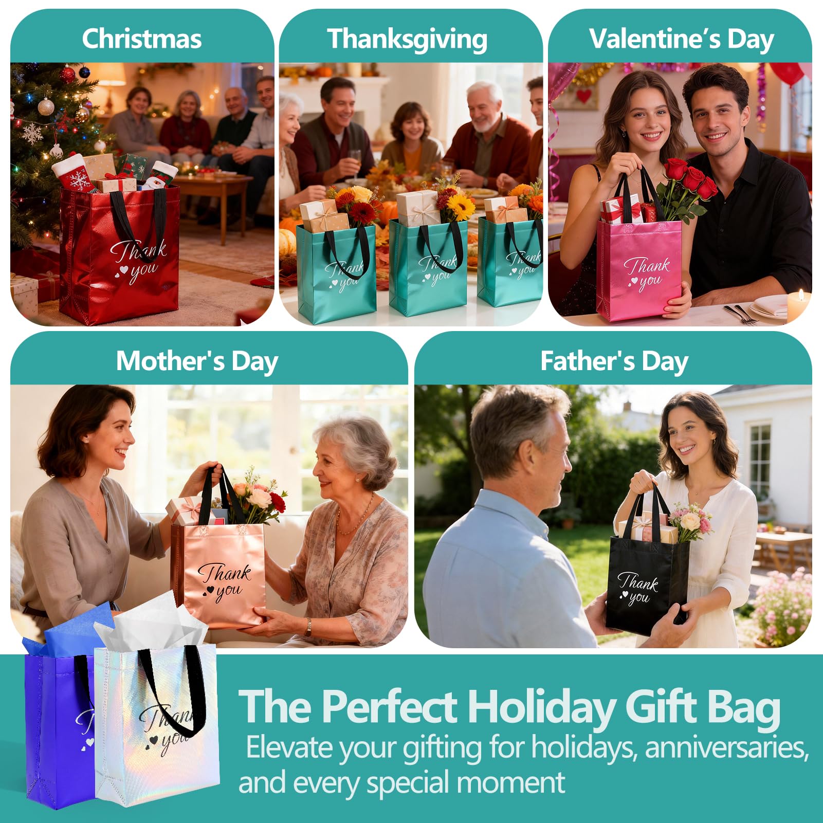 60 Pcs Reusable Gift Bags with Handles Set (10 x 8 x 4 Inch), Include 30 Thank You Bag & Tissue Paper, Medium Colorful Gift Bag Bulk for Birthday, Baby Shower, Bridal Shower, Wedding, Party & Events