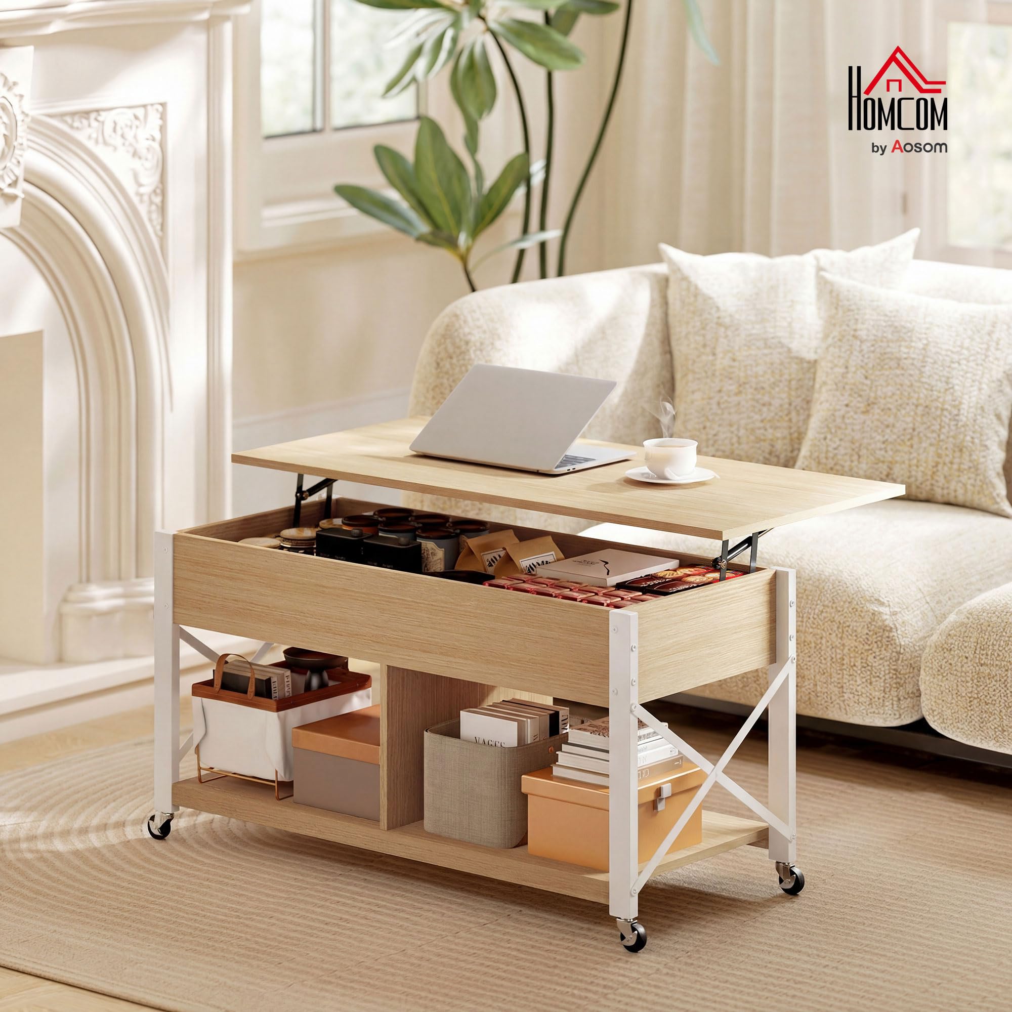 HOMCOM Mesa de Centro Elevable con Ruedas 105x50x67 cm Natural y Blanco | Mesita de Salón con Compartimento Oculto, Estantes Abiertos, Mesa de Café para Comedor, Oficina