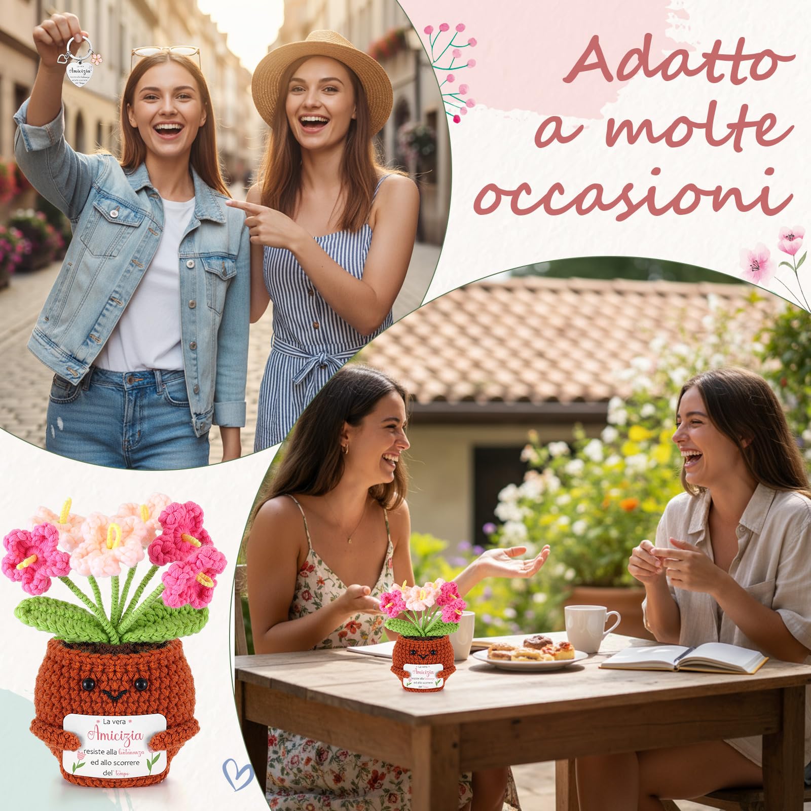 Skylety 3 Regali per Amica Sorella Maestra Piante in Vaso Lavorate a Maglia Portachiavi Biglietti di Auguri con Fiori Secchi Regalo di Ringraziamento per Natale Compleanno
