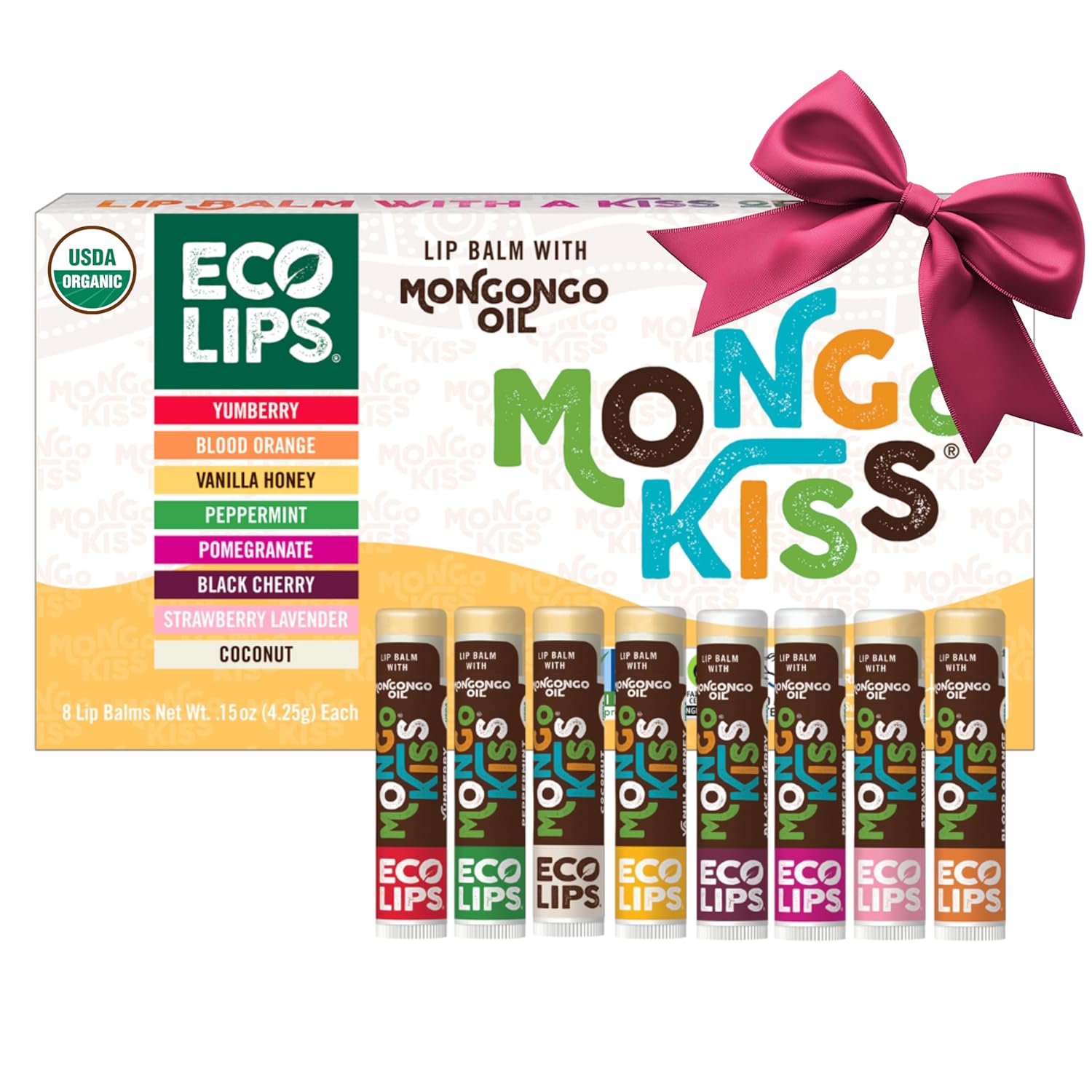 Mongo Kiss USDA Organic Lip Balm Set 8-pack (0.15 oz. each) with Mongongo Oil & Cocoa Butter to Moisturize Chapped Lips | Made in USA by Eco Lips (Variety)