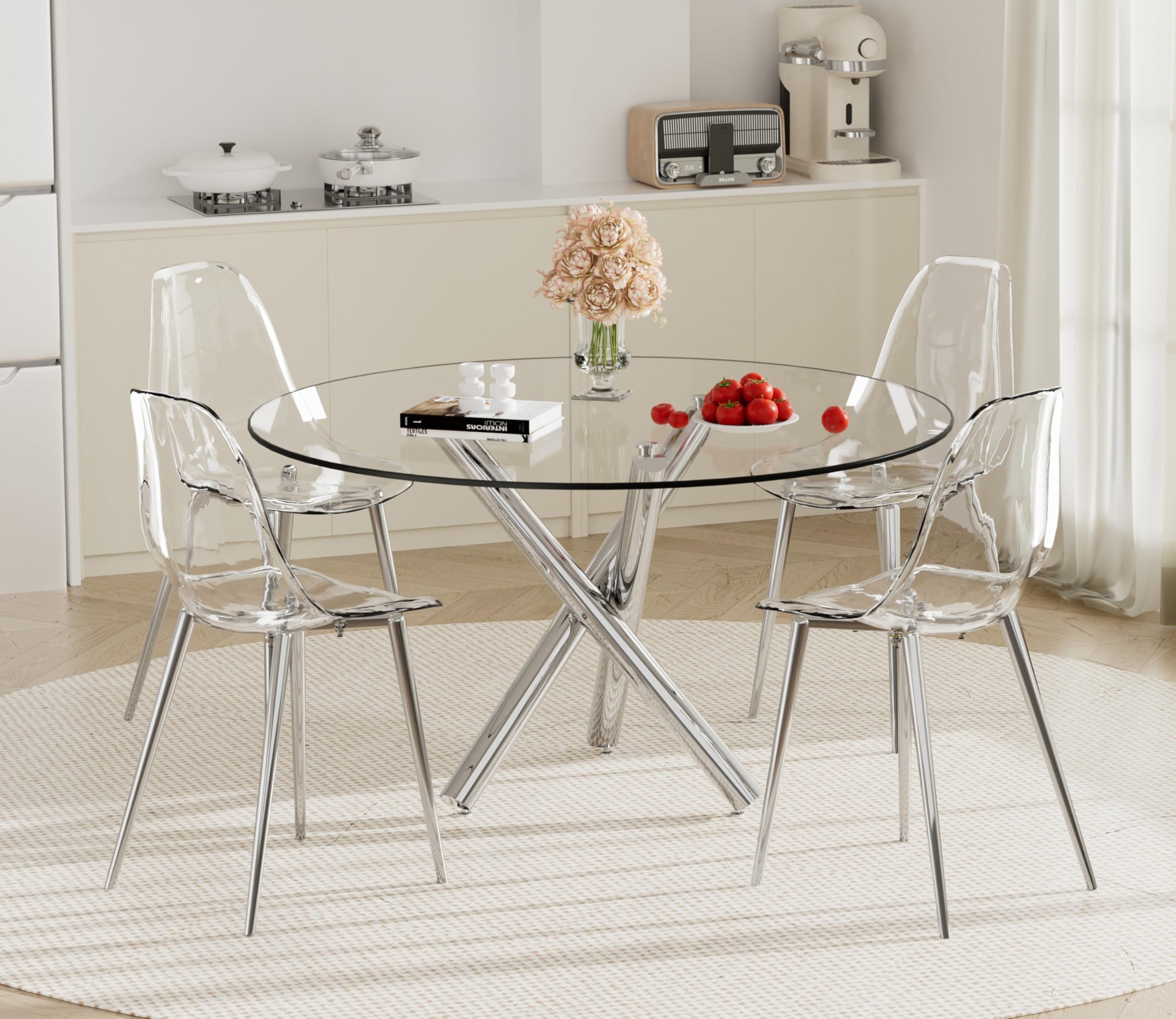 Clear Acrylic Small Round Glass Kitchen Table And Chairs Glass