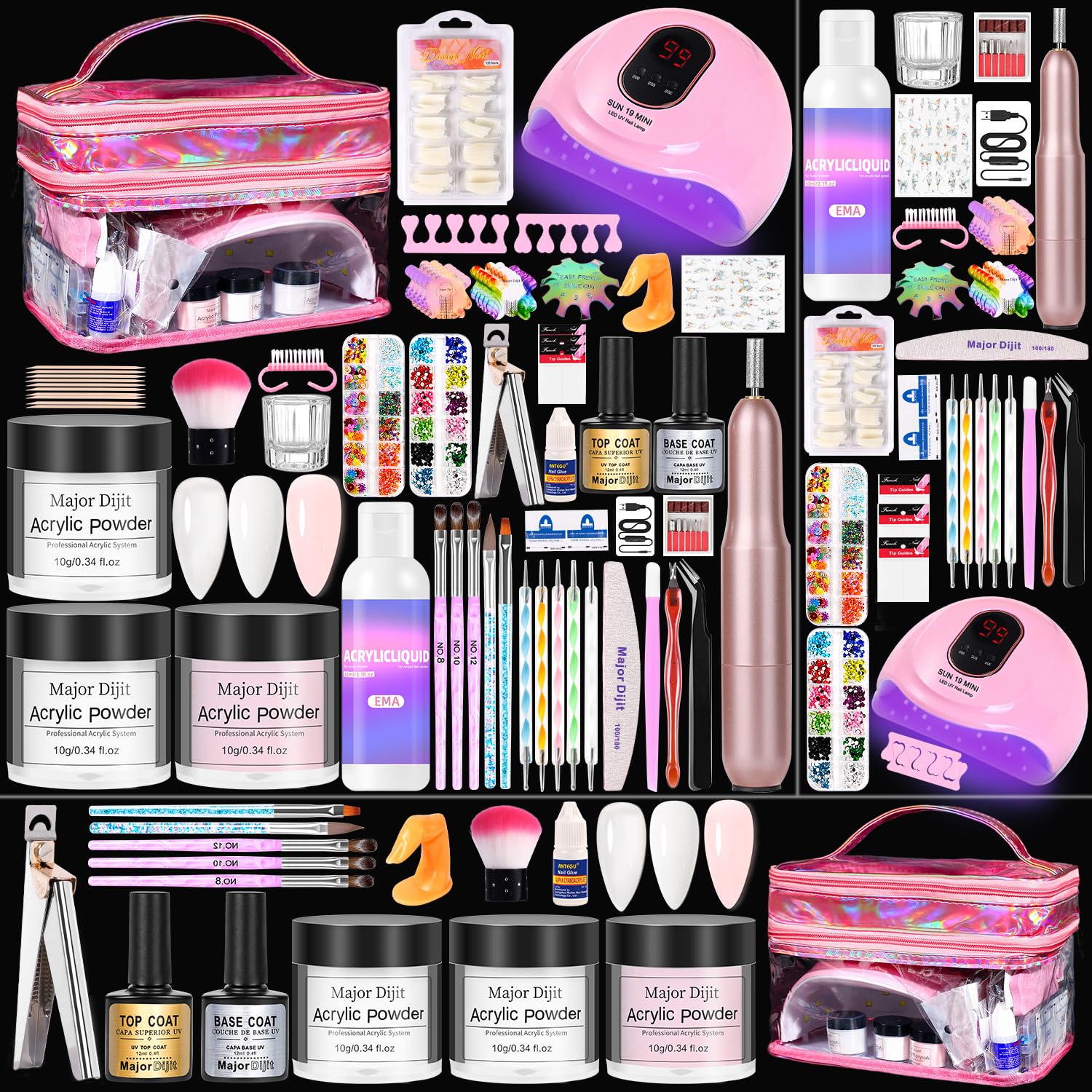 Major Dijit Acryl Nägel Starterset mit UV Lampe Acryl Nagel Set für Anfänger – Acrylpulver, Nagelfeile Nägel Selber Machen Set für luxuriöse Maniküre daheim, Pink Kosmetiktasche, Salonqualität