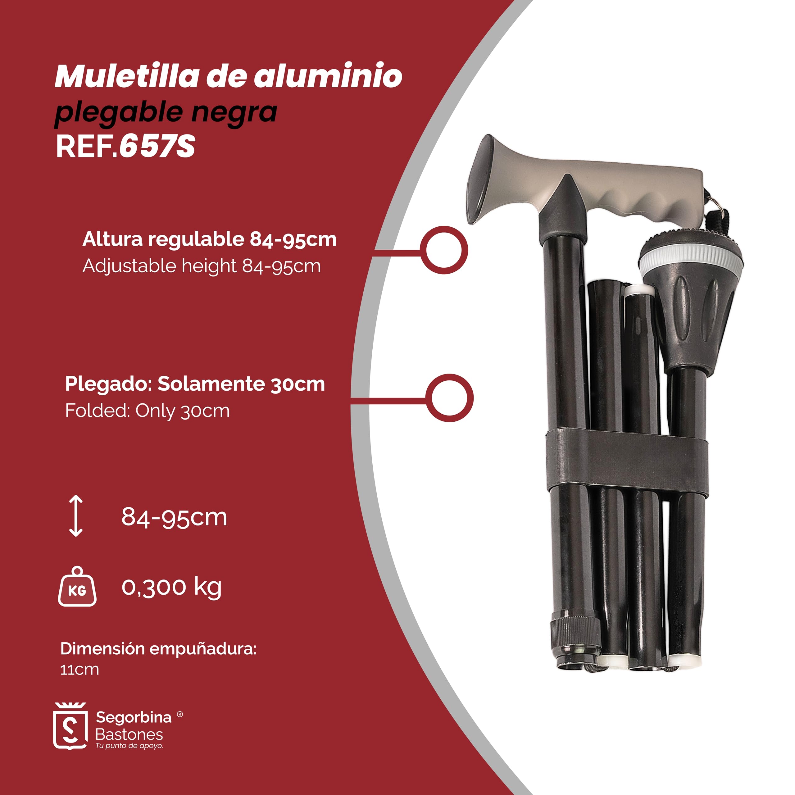 Bastón Plegable de Aluminio Negro – Empuñadura Ergonómica Soft Touch y Contera de Goma XL Antideslizante para Todo Terreno – Ligero, Ajustable 84-95cm y Portátil para el Bolso o Maleta (657S)