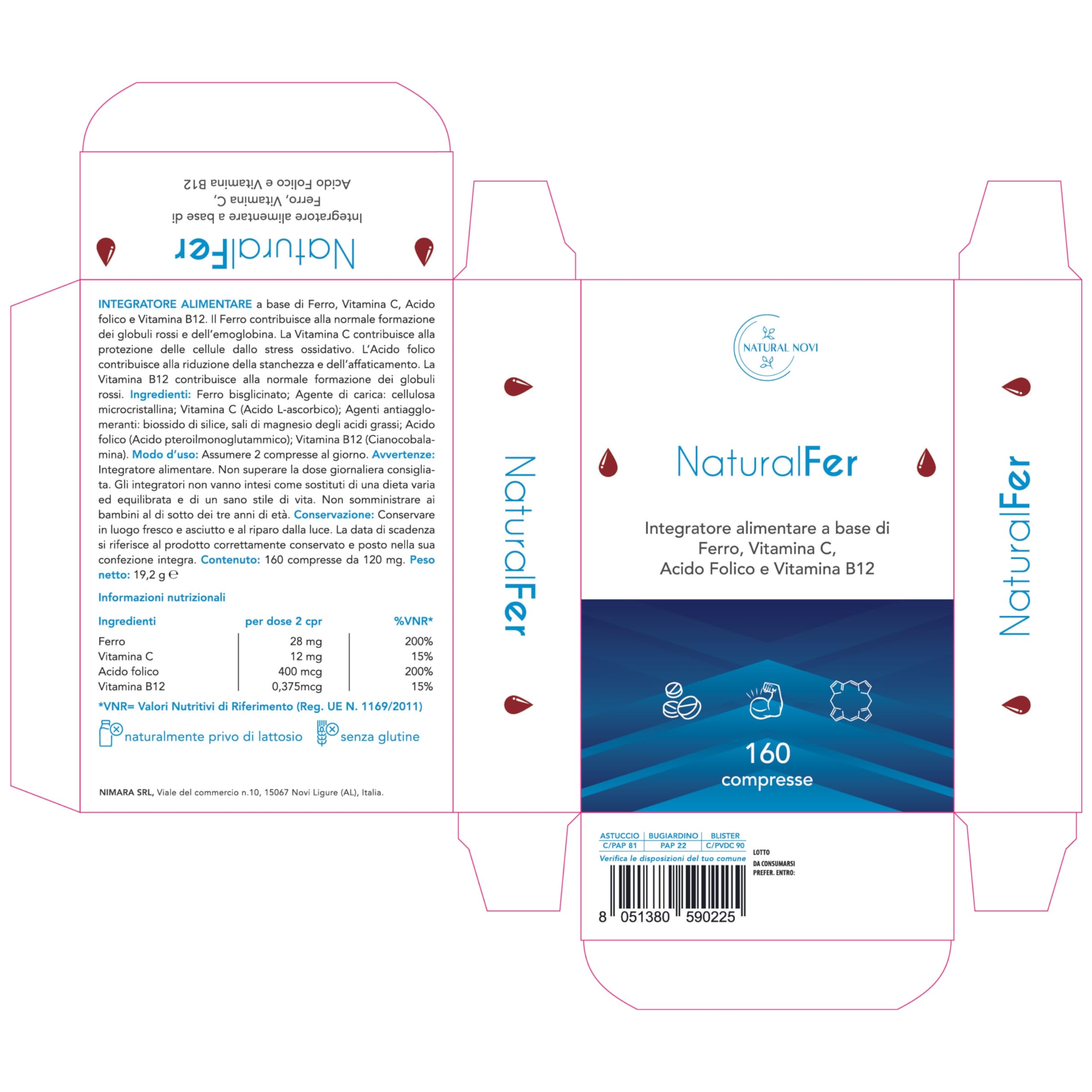 Ferro Integratore 28mg NaturalFer® | 160 compresse | Vitamina C + Vitamina b12 e acido Folico | Supporto Energetico e stanchezza | Senza Glutine | Senza Lattosio