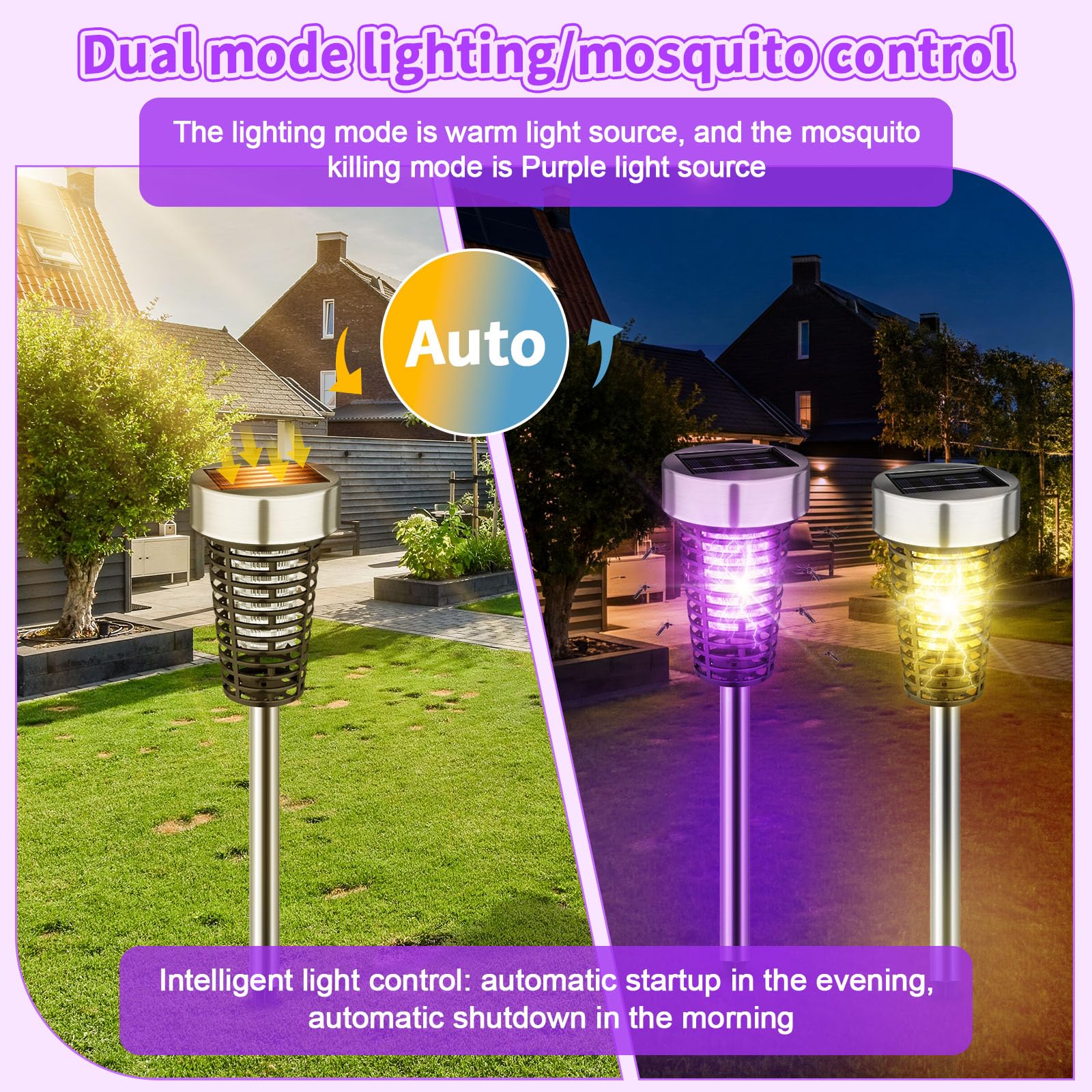 Qualirey 12 Stück Solar Insektenvernichter für den Außenbereich, Violett und warmes Licht, Silber | Mückenschutz Solarbetrieben Wasserdicht LED Licht Lampe Fliegeninsektenvernichter für Outdoor Terrasse Hof Garten Rasen