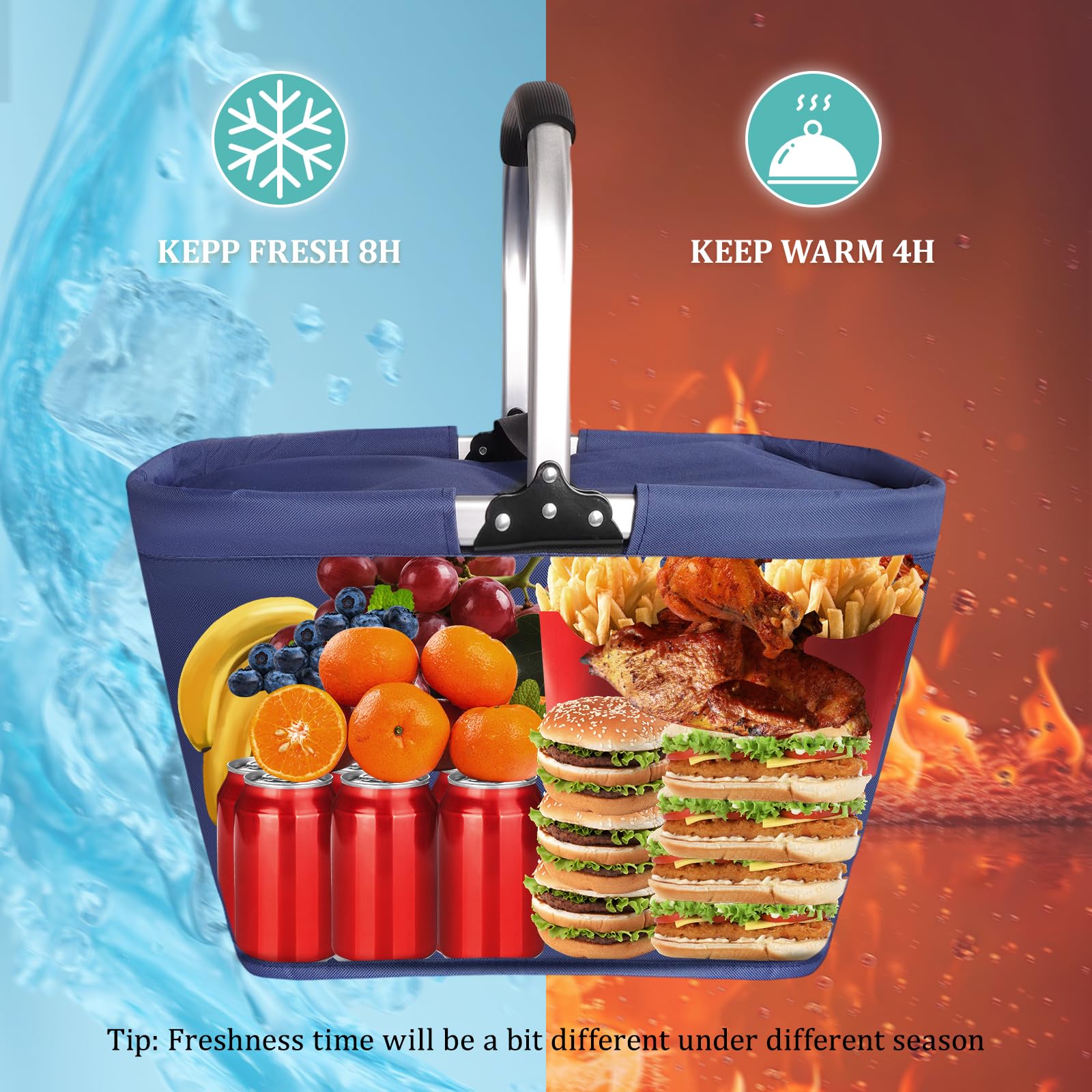 Sac Pique Nique Isotherme Pliable, Sac Isotherme 35 L, Grand Panier Isotherme avec poignée Aluminium e Couvercle pour Camping, Voyages, Shopping, Activités de Plein Air