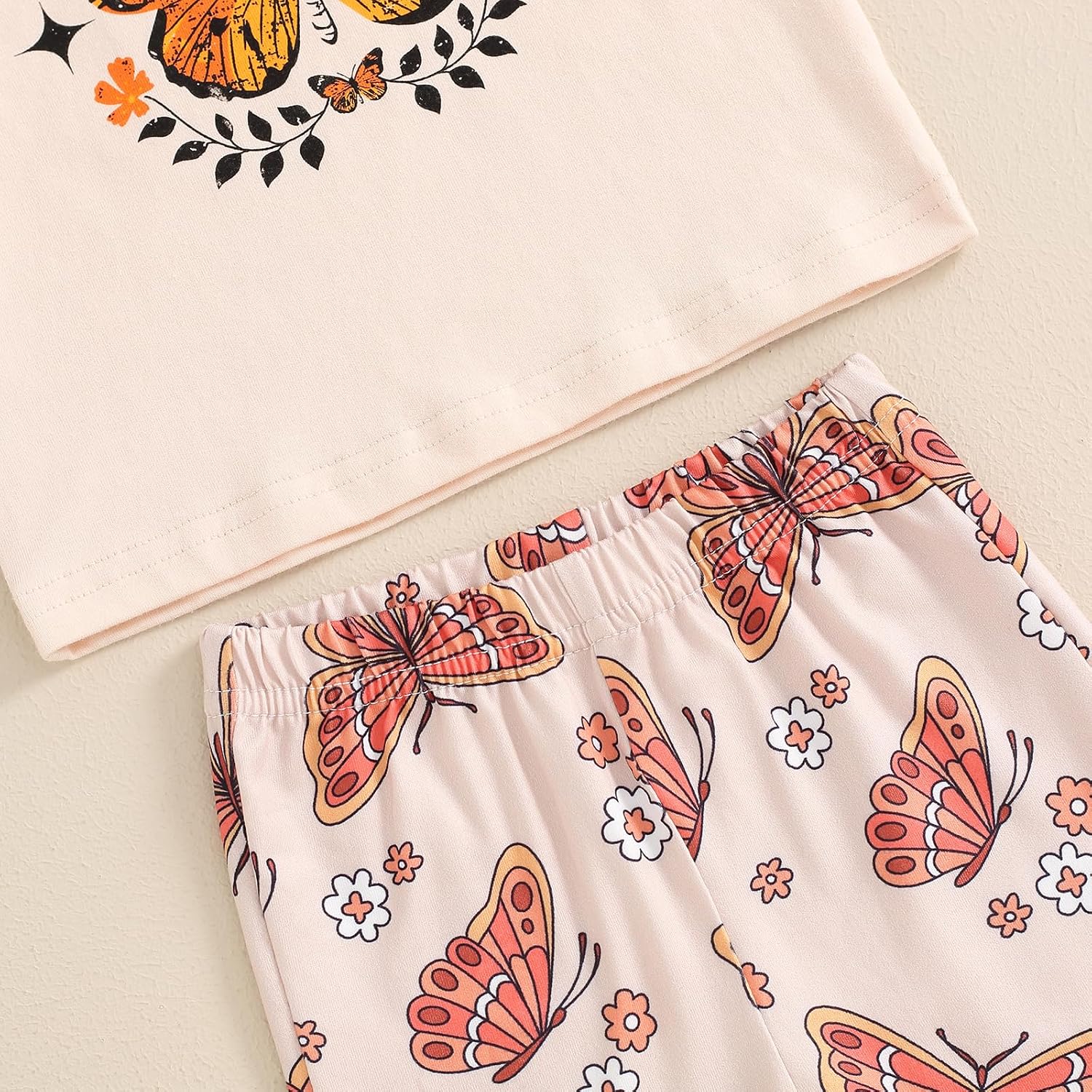 Toddler Girl Outfits Retro Short Sleeve T Shirt Butterfly Floral Flare Pants 3 Piece Set Baby Classic Clothes