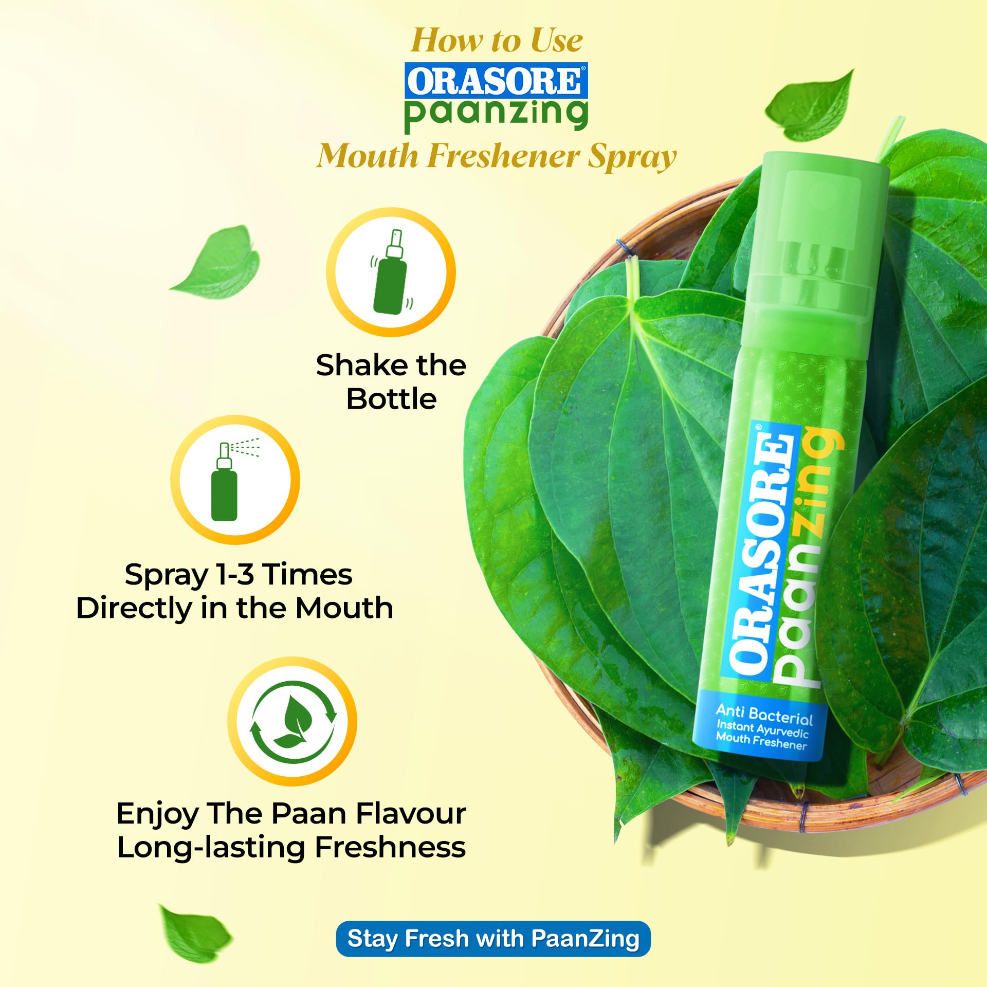 PaanZing Instant Mouth Freshener Spray by Orasore | Paan, Aloe Vera, Pudina, Peppermint, Cinnamon, Clove & Elaichi | Anti-Bacterial & Long Lasting, Germ-free Blend (Pack of 1) 3
