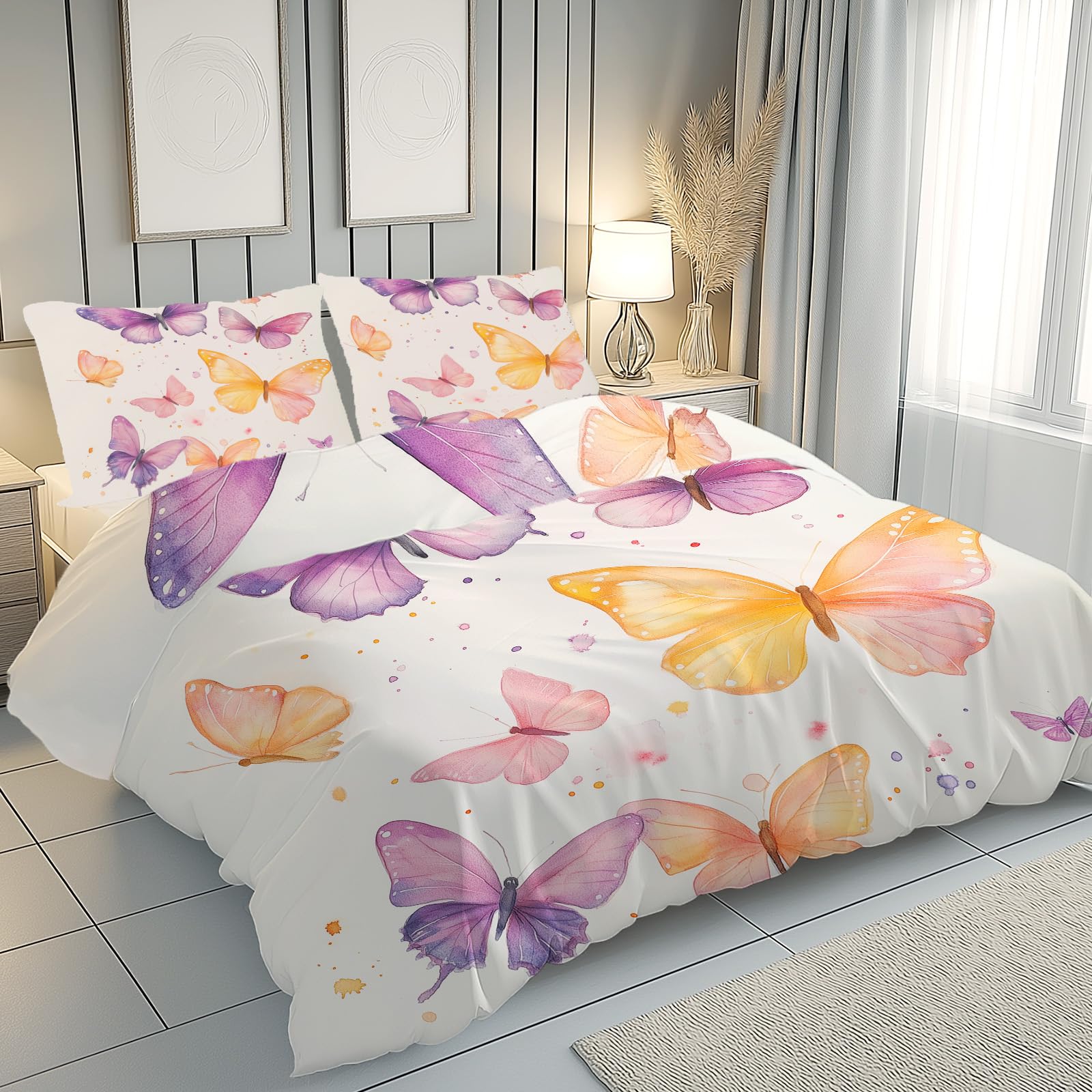 Housse de couette 240x260 papillon parure de lit moderne en microfibre