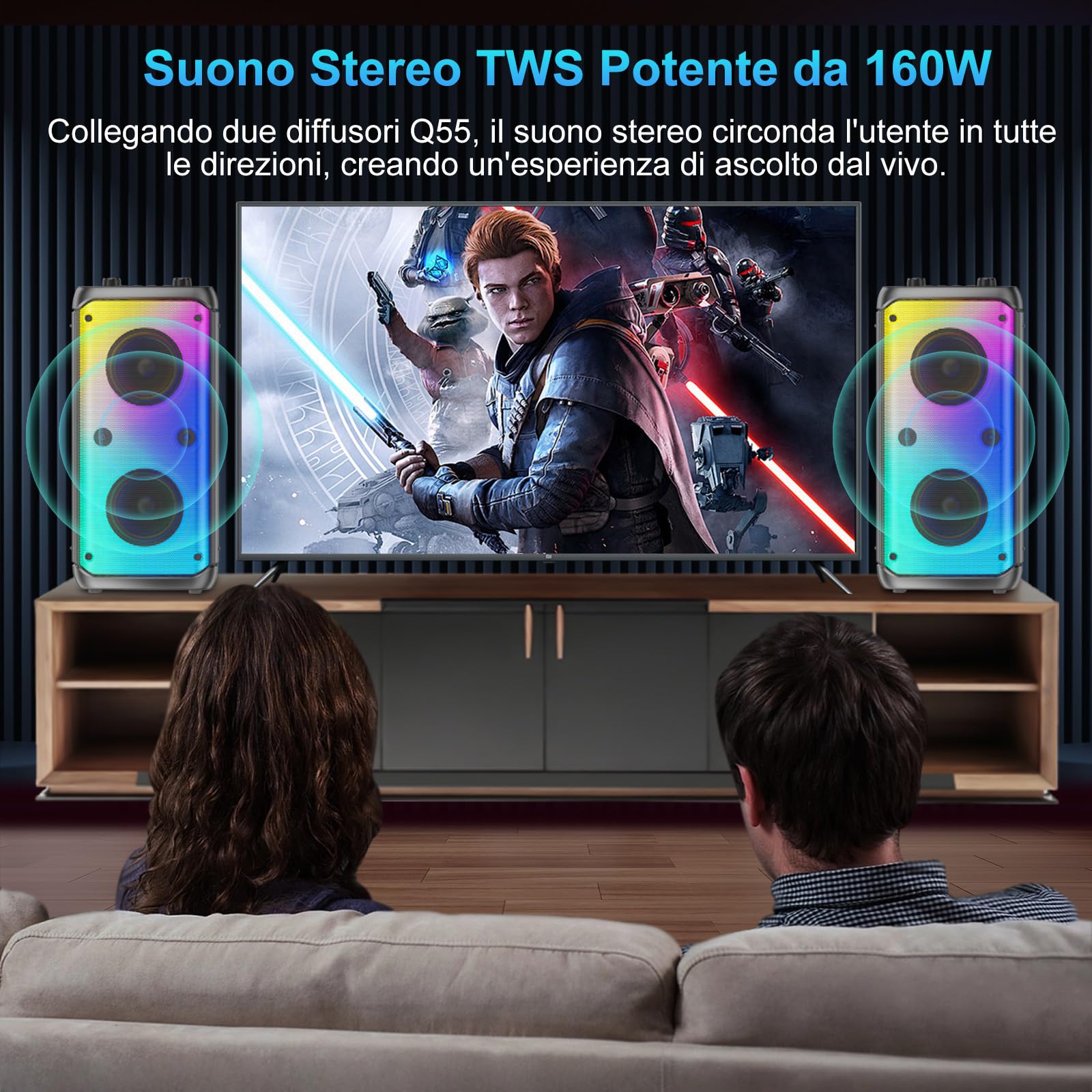 Altoparlante Bluetooth, altoparlanti da esterno con potenza di picco 80 W, altoparlanti wireless Bluetooth portatili per feste con subwoofer, luci LED colorate per la casa e il campeggio