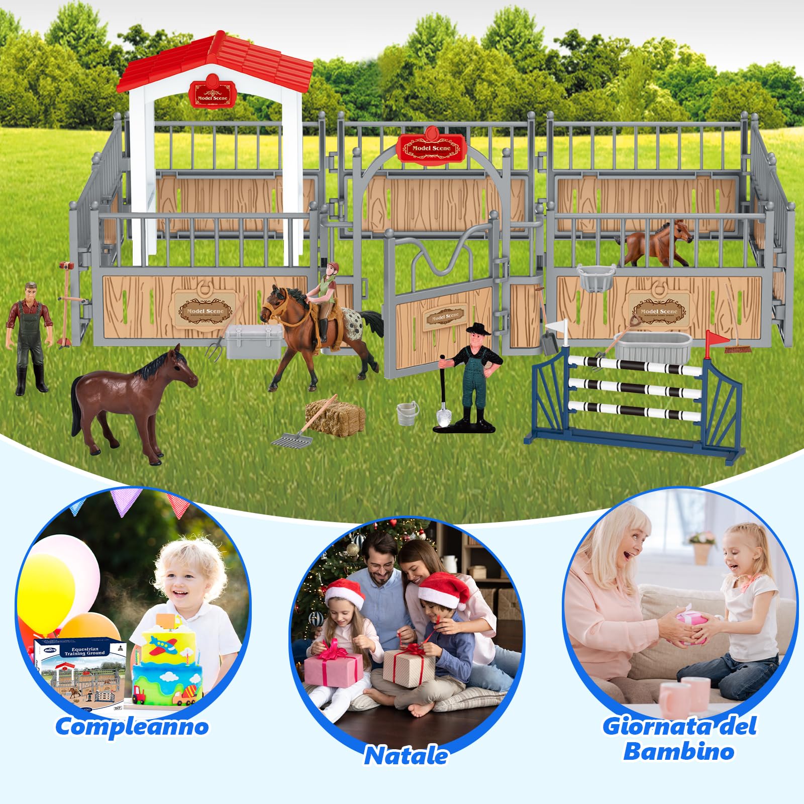 Herenear Cavallo Giocattolo Fattoria Set Con Recinto Figurine, 55 Pezzi Stabile Scuderia Cavalli, Stalla E Fienile, Regali Di Natale E Compleanno Per Bambini