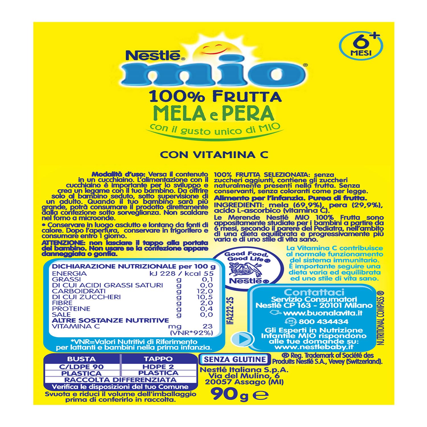 NESTLÉ MIO Merenda 100% Frutta Pera e Mela da spremere, 16 Pouch da 90ml (1,44L)