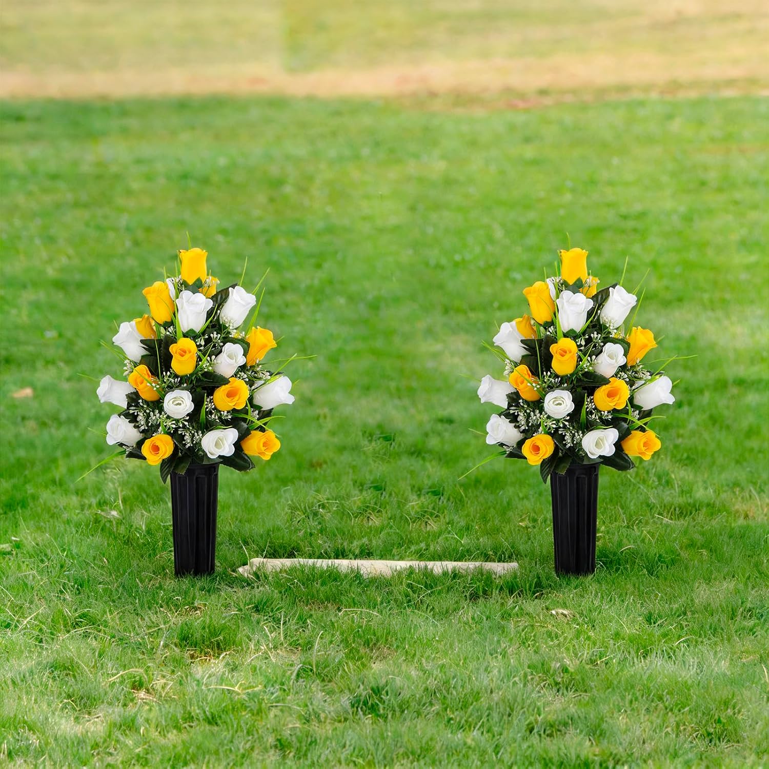 2 Sets Artificial Cemetery Flowers, Grave Decorations Roses, Memorial Flowers Bouquet with Vase for Cemetery Graveyard Headstone Decorations (Yellow-White)