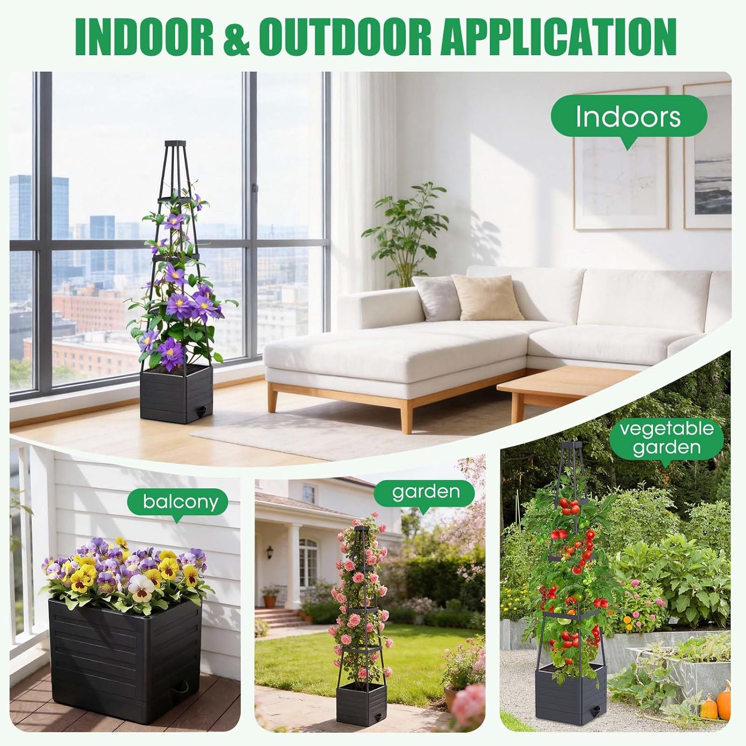 4 Pack Raised Garden Bed Planter Box with Trellis, 57" Self-Watering Tomato Cage Planters for Climbing Plants Vegetable Vine Flowers Outdoor & Indoor (57x9.8x9.8IN)