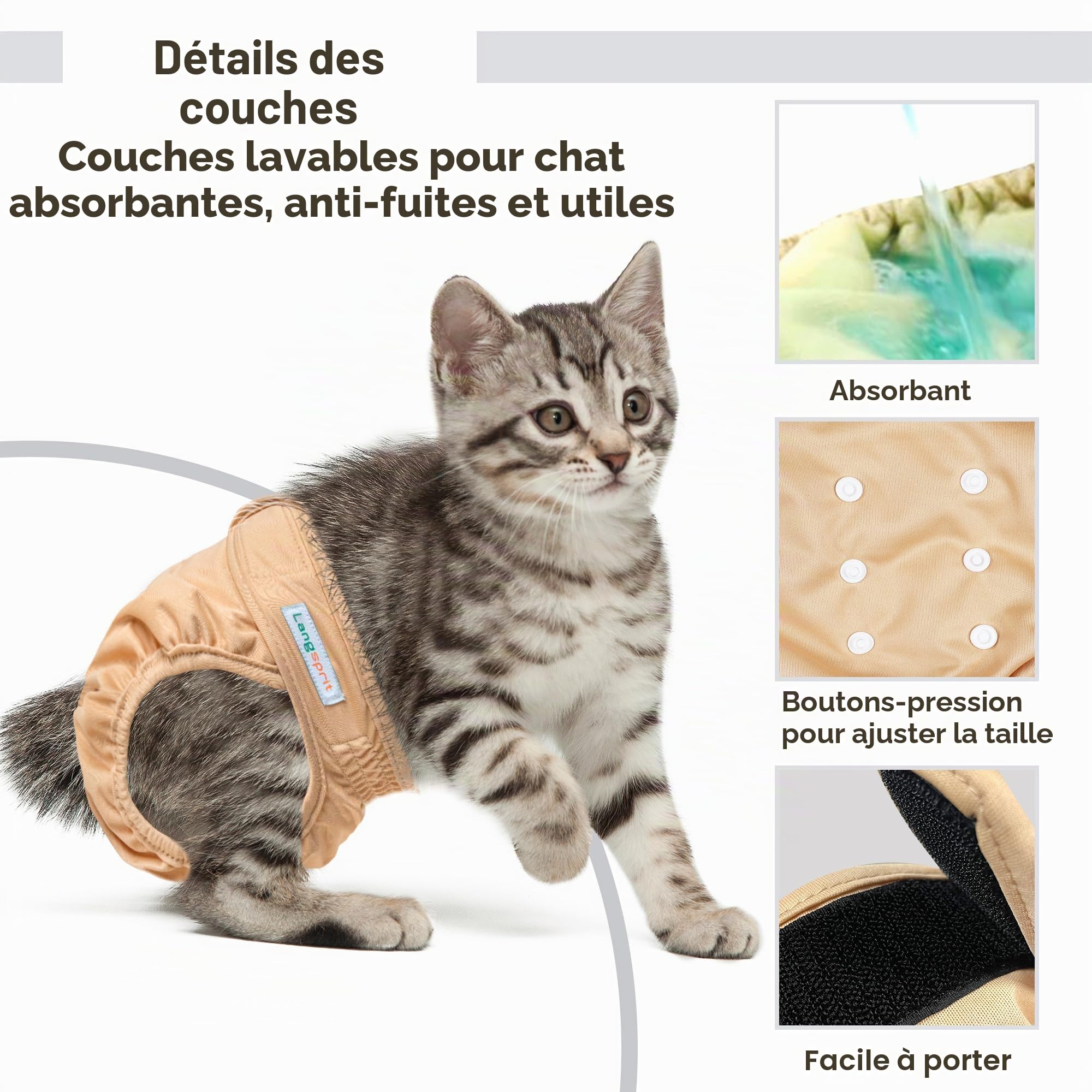 Langsprit Couches réutilisables pour Chats Femelles et mâles, Couches lavables pour Incontinence pour Chat mâle, Couches pour Chat mâle, Couches pour Chats de Petite, Moyenne et Grande Taille