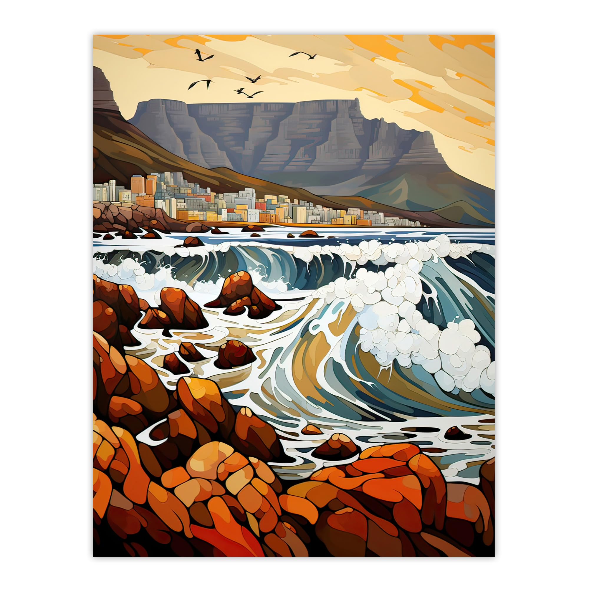 Artery8 Cape Town Cityscape under Table Mountain Stylised Painting Crashing Waves in Coastal Landscape Extra Large XL Wall Art Poster Print