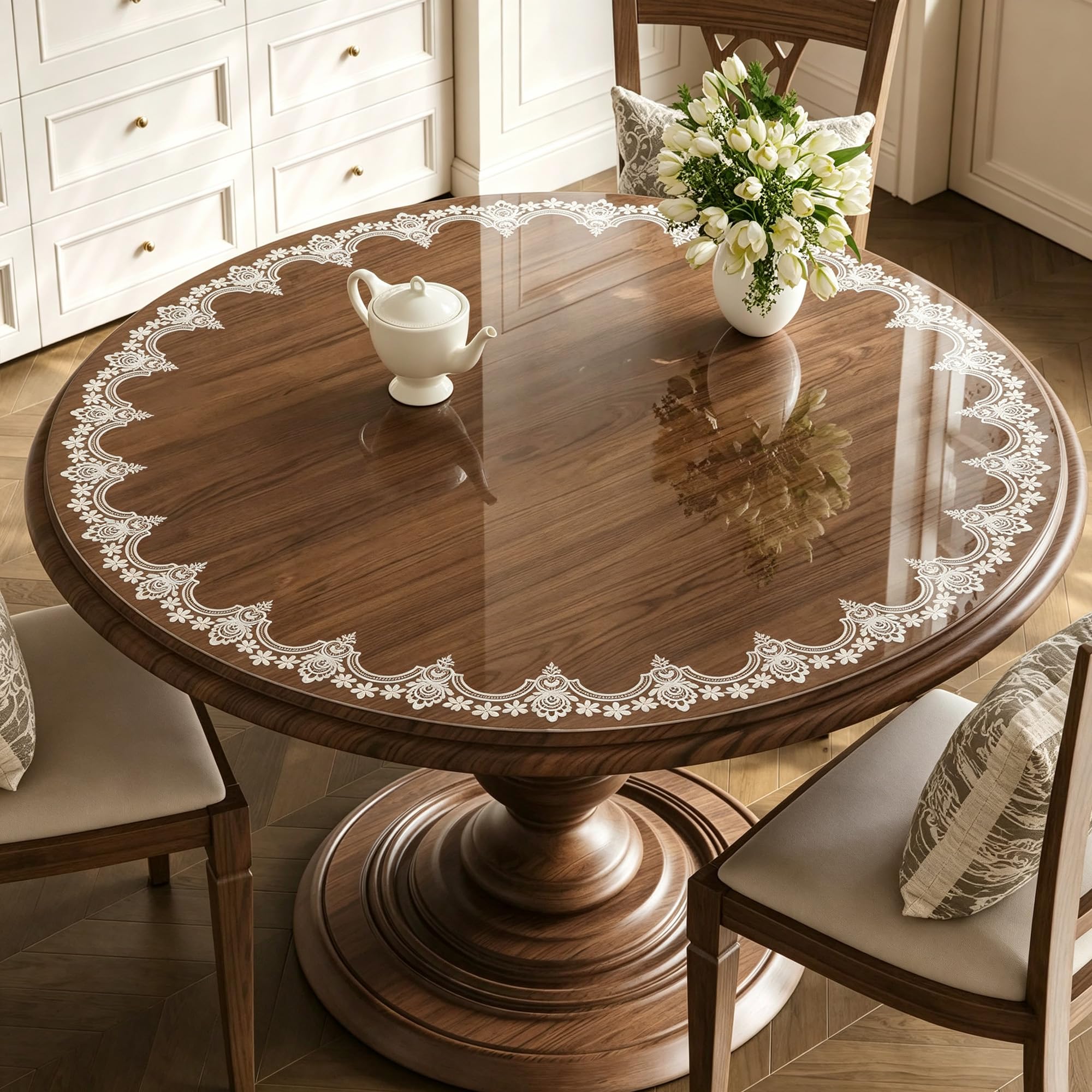 Round Clear PVC Table Protector, White Floral Lace Print, 90cm Diameter
