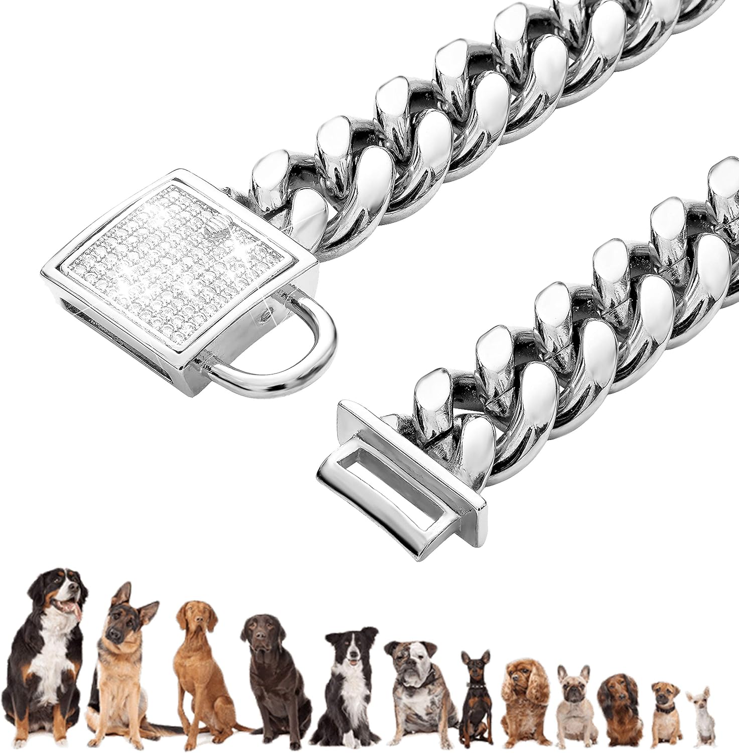 Dog Chain Collar Top Cubic Zirconia Lock 14mm Stainless Steel Silver Cuban Chain Pet Dog Walking Collar (24inches)