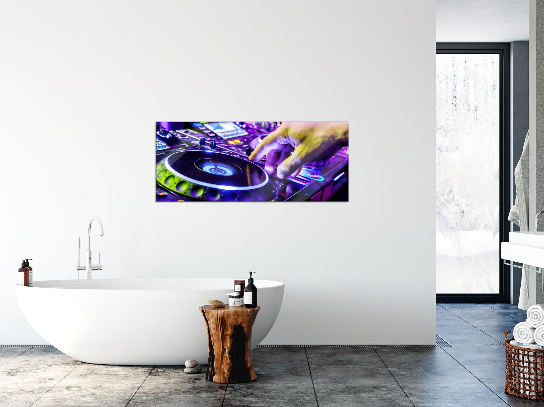 Quadro in vetro panorama | Murale in vero vetro | Piatto DJ Cool Music | 100 x 40 cm | incl. sospensione e distanziatore