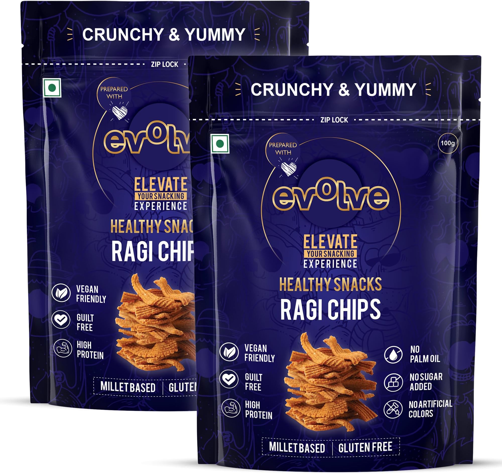 Evolve Ragi Chips Healthy Snack for Adults | No Palm Oil, Gluten-Free & Preservative-Free, No Artificial Color or Sugar | Wholesome & Crunchy Snack | Millet Blend, Freshly Made - 100g Pack of 2