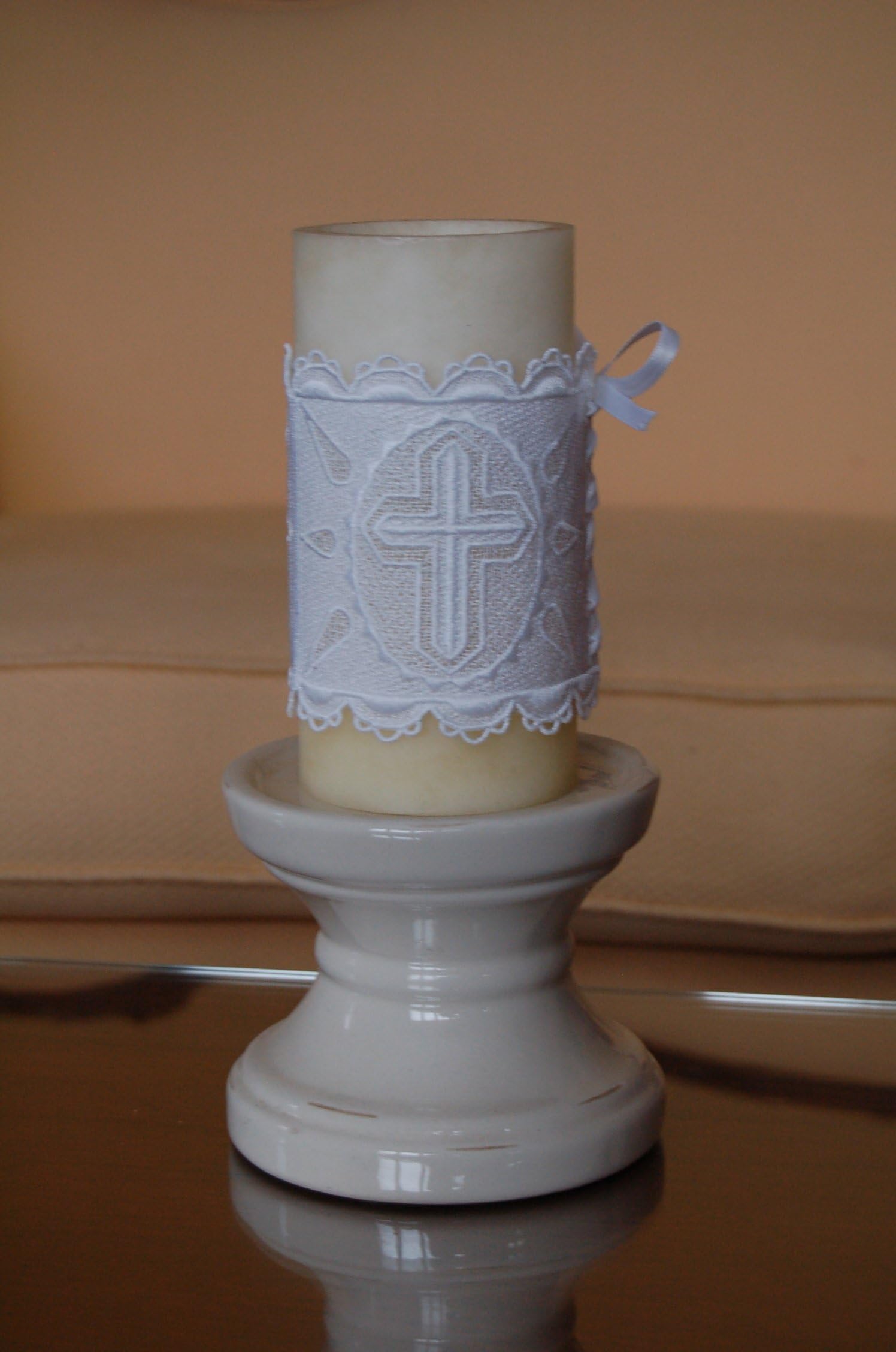 Embroidered White Cross Candle Cover by Artisan Pride