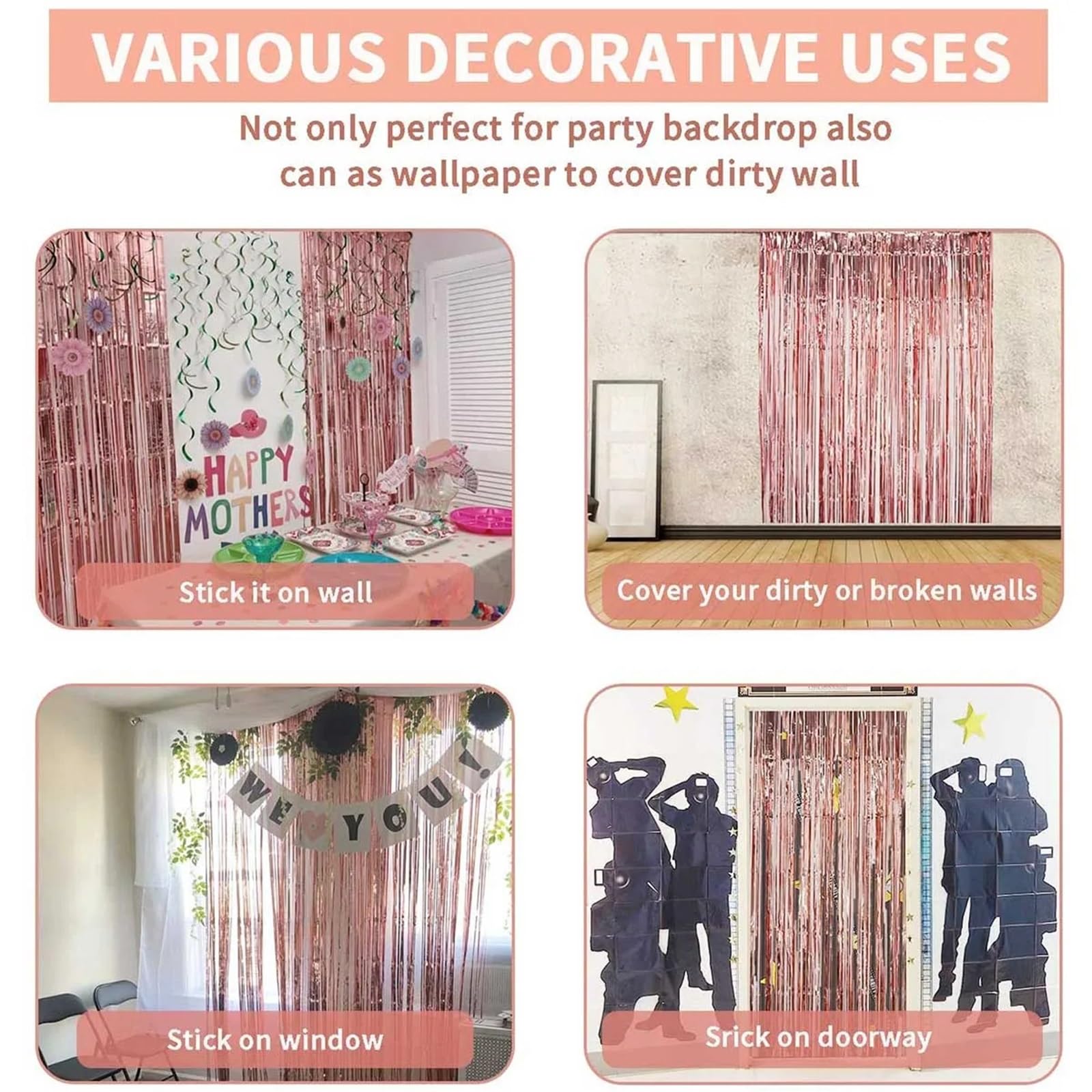 Rideau de guirlandes en Feuille métallique 2m, 4 pièces, décoration fête d'anniversaire Mariage for Fille, avec Pompon Fond