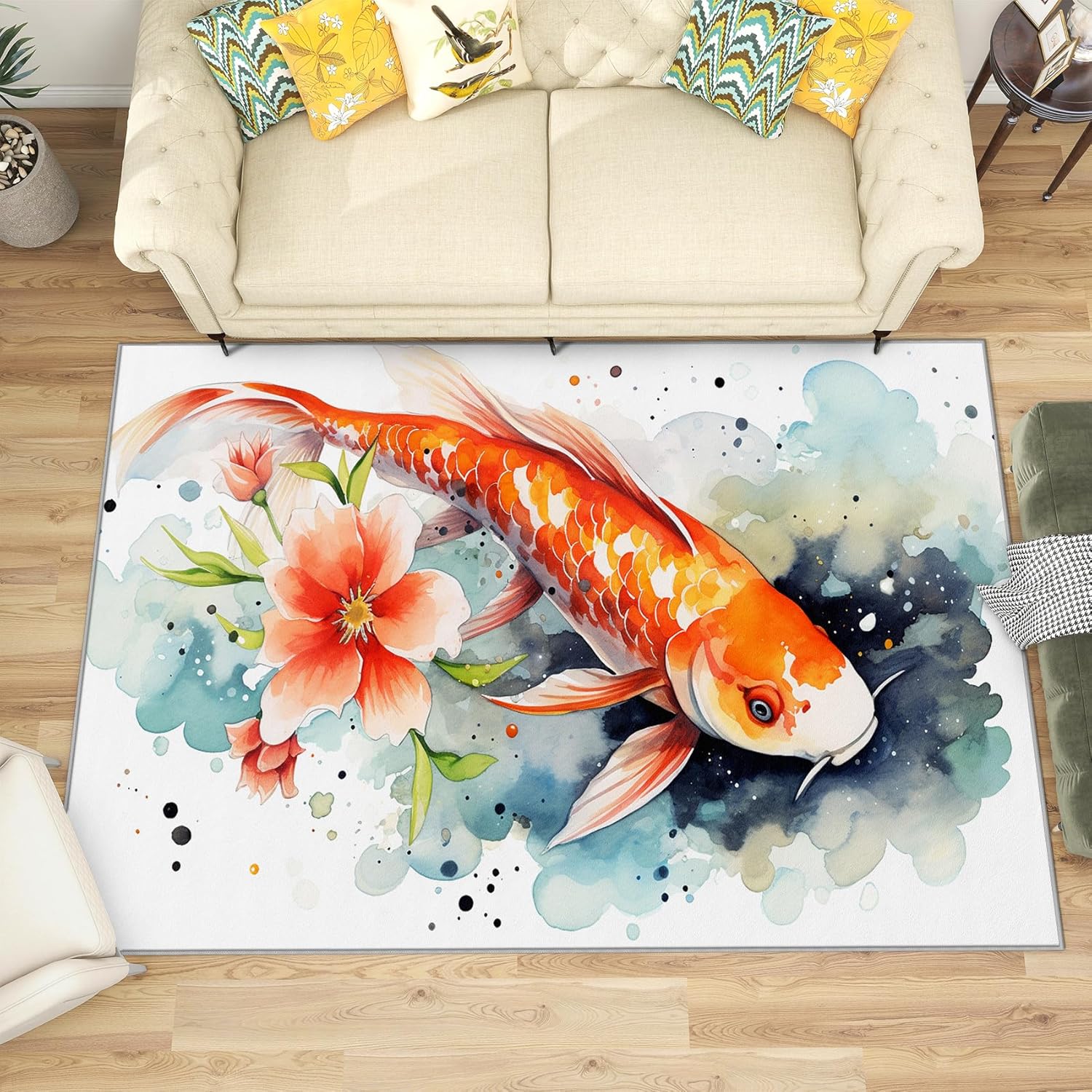 Koi Fish Arae Rug - 2x3 Rug - Koi Fish Rug - Japanese Goldfish Area Rug - Floral Asian Style Rugs - Chinese Watercolor Carpet - Soft Washable Non Slip Low Pile Home Decor