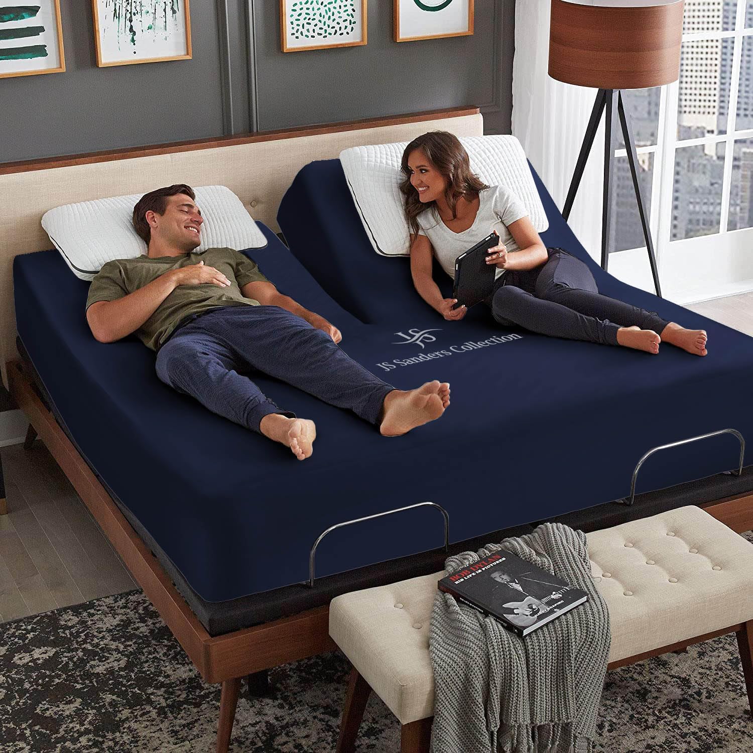 JS Sanders Collection 600TC Flex Top King Sheets for Sleep Number Bed - 100% Cotton 4 Pcs Top Split King Sheets for Adjustable Bed, King 34 Inch Down Navy Blue -18 Inch Deep