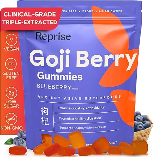 Reprise Goji Berry Superfood Gummies - Apoyo inmunológico antioxidante totalmente natural, 240 mg de bayas de Goji de espectro completo, bajo en