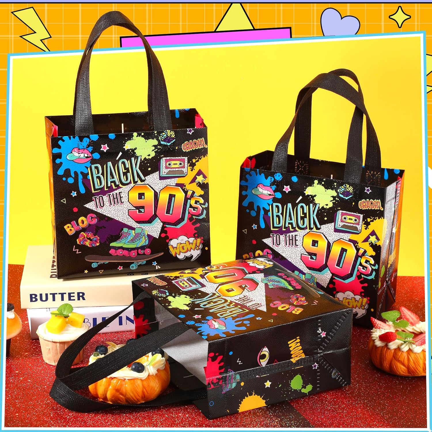 Blosssound 30 Pcs 90s Party Favor Bags Bulk Back to the 90's Nonwoven Gift Tote Bags Hip Hop Candy Goodie Treat Wrapping for Retro 1990s Theme Neon Disco Rock Hippie Birthday Party Supplies Decoration - Image 3