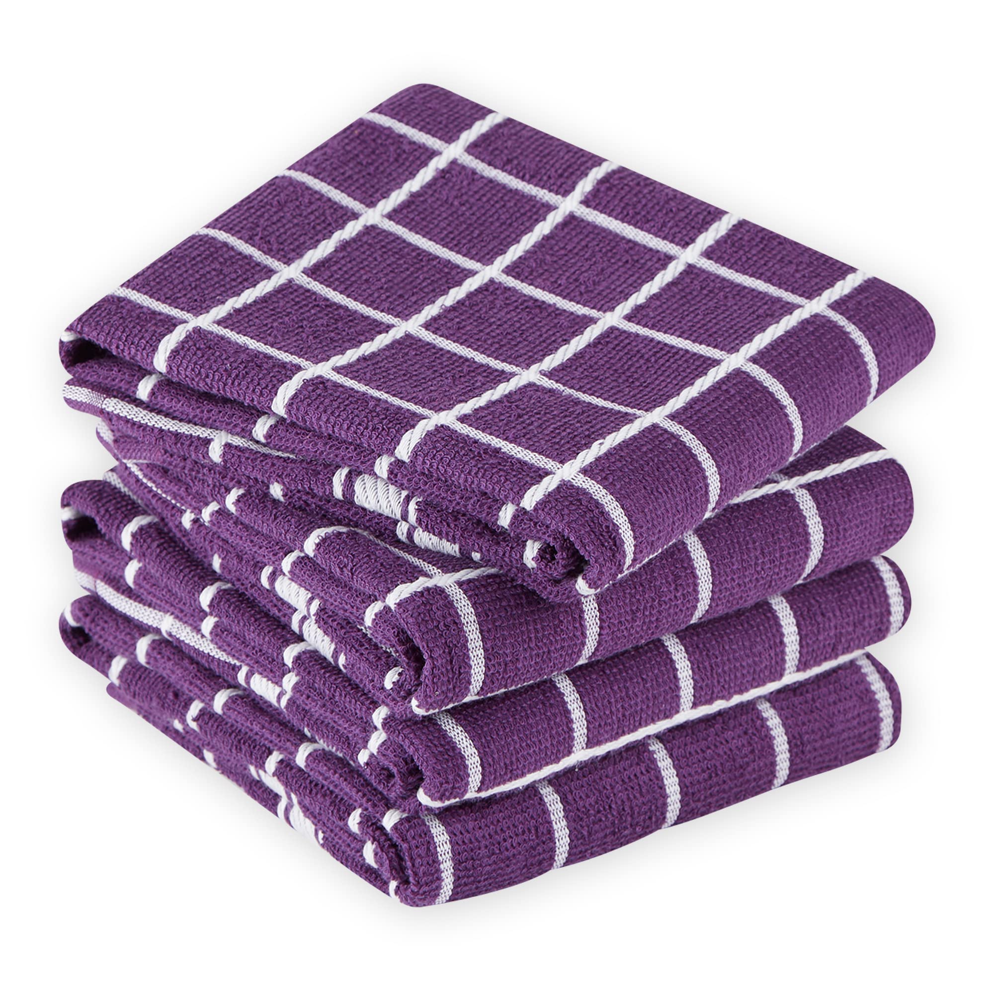 DII Cotton Terry Windowpane Dish Towels, 16 x 26" Set of 4, Machine Washable and Ultra Absorbent Kitchen Bar Towels-Eggplant Check 2