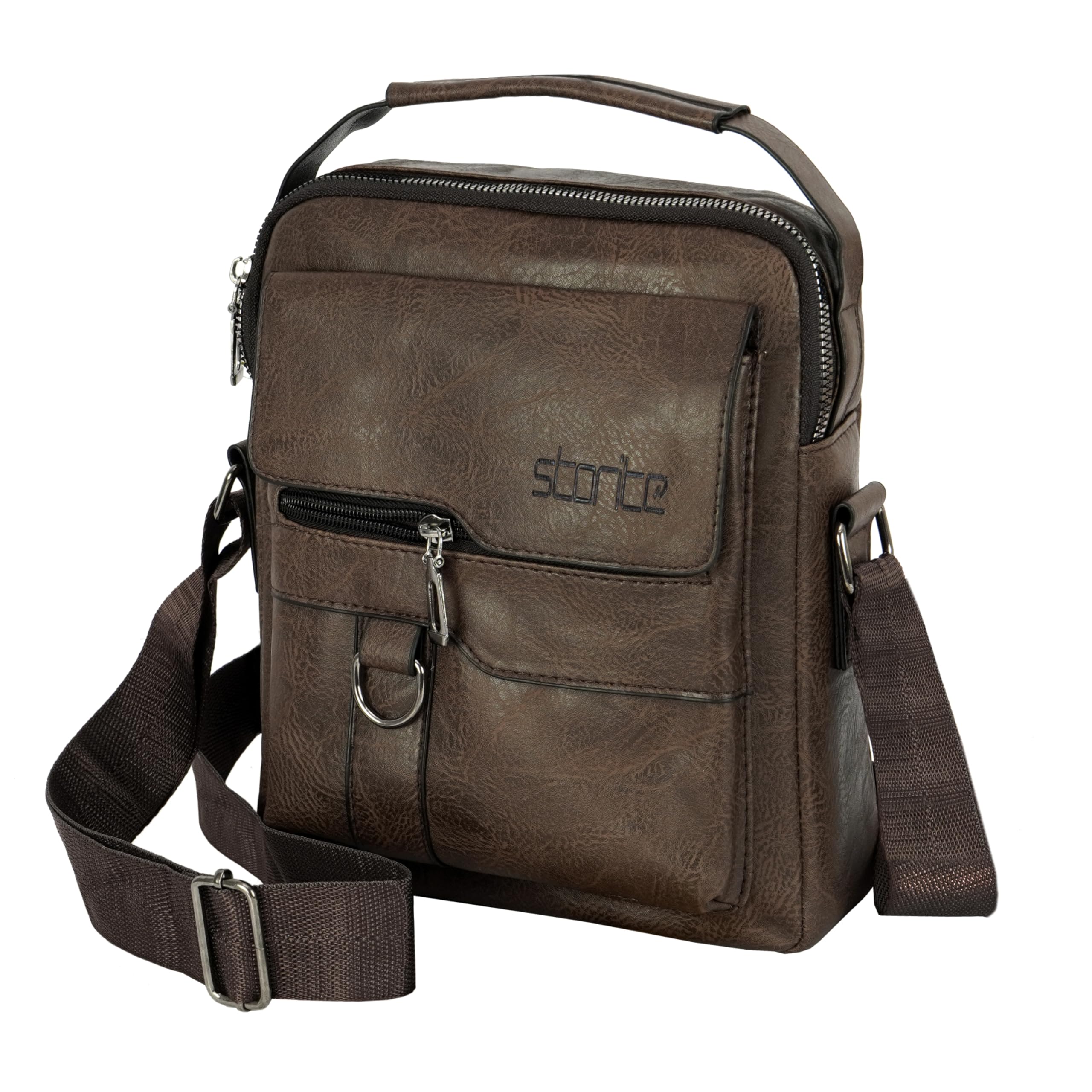 Stylish Front Zipper Sling Textured PU Leather Cross Body Travel Office Business Messenger One Side Shoulder Bag for Men & Women (Dark Brown - 24.5 x 7 x 20.5cm)-image-9