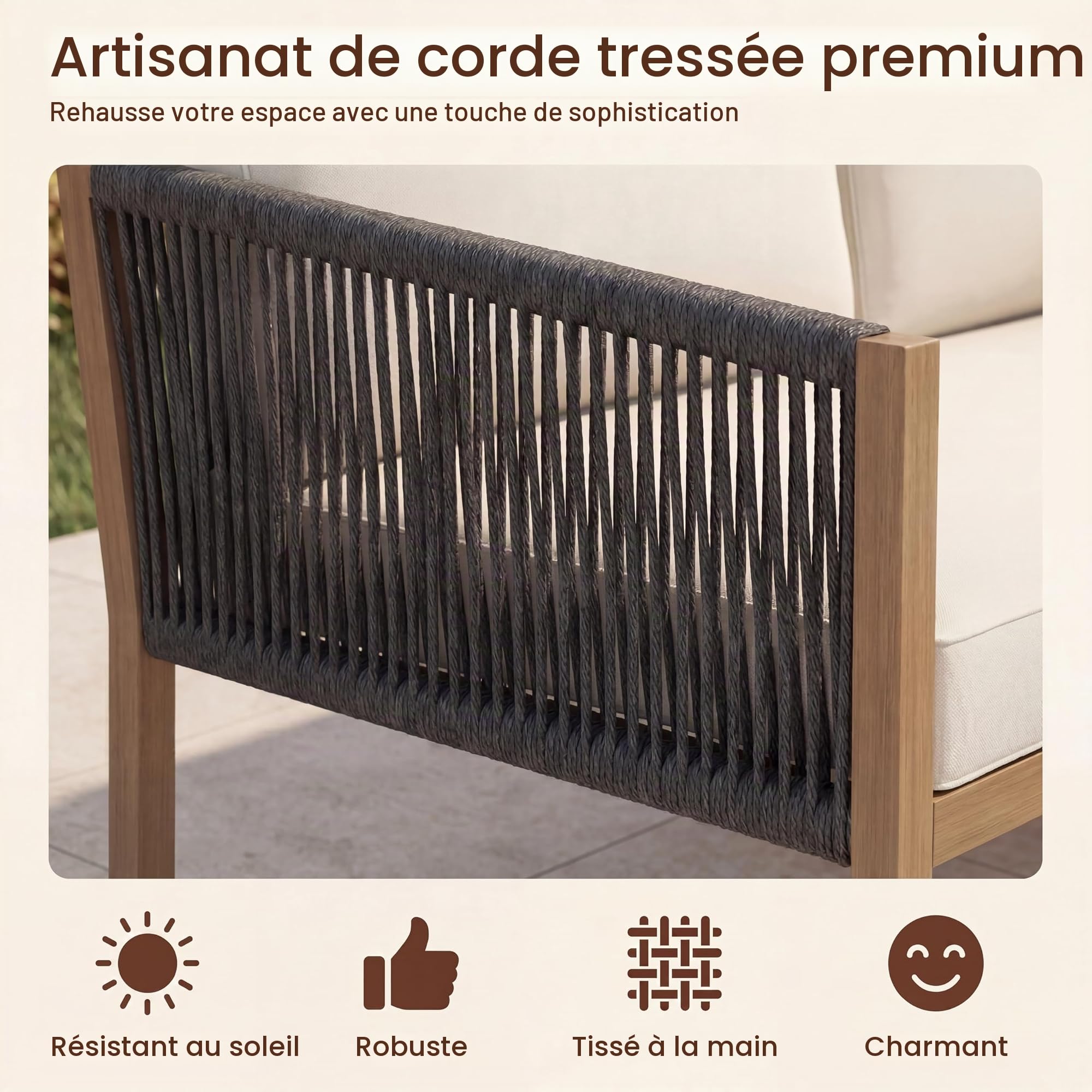 GIANTEX Salon de Jardin Exterieur en Corde Tressée avec Canapé 2 Places, Méridienne, Canapé d'angle en L avec Table Basse Effet Marbre et Coussins Épais, Structure Métallique pour Terrasse Patio