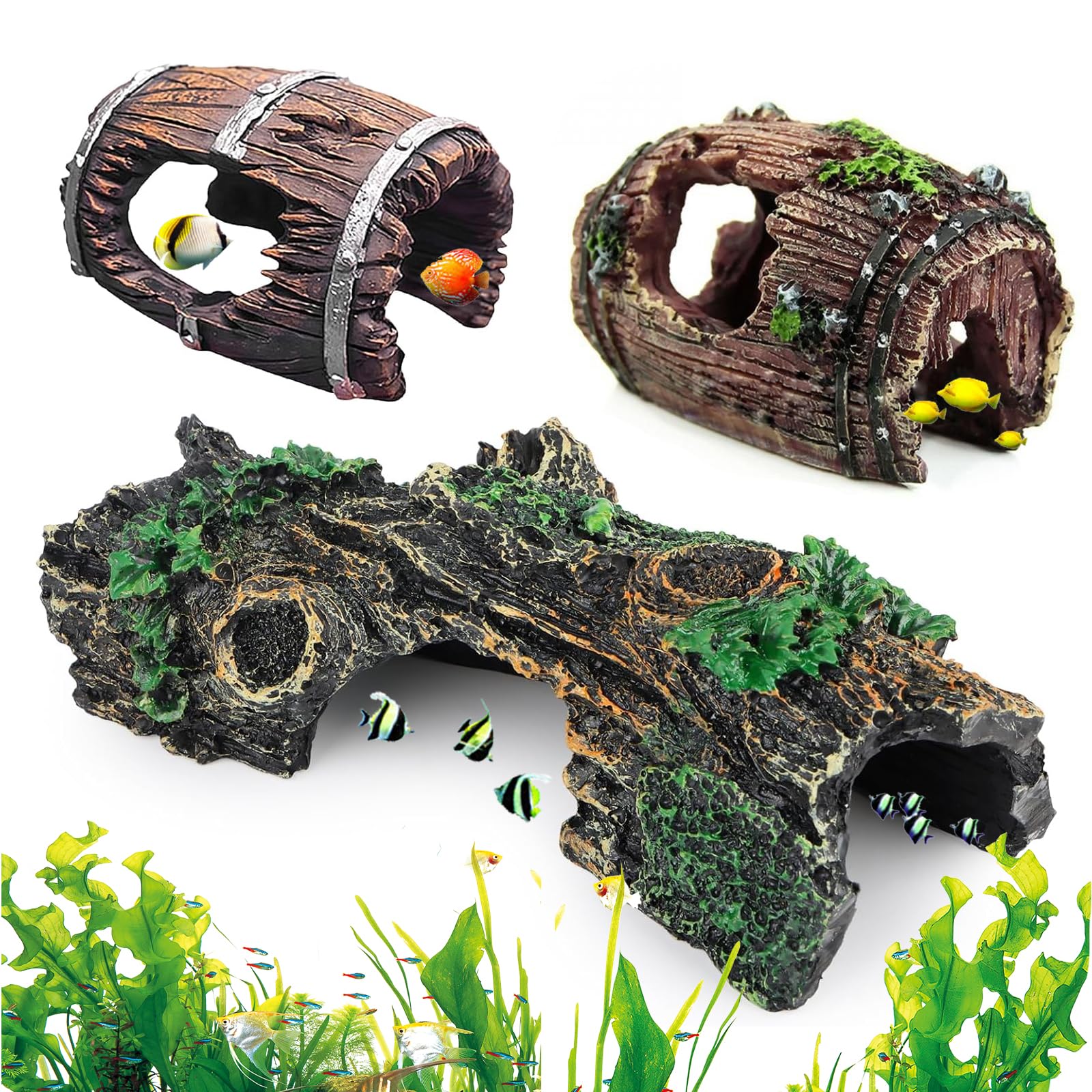 3 Pièces Décoration Aquarium Grain de Bois, Cachette Aquarium Sûrs et Non Toxiques Décoration D'aquarium, pour Petites Crevettes Poissons Autres Animaux Aquatiques Petite Moyenne Taille (A)